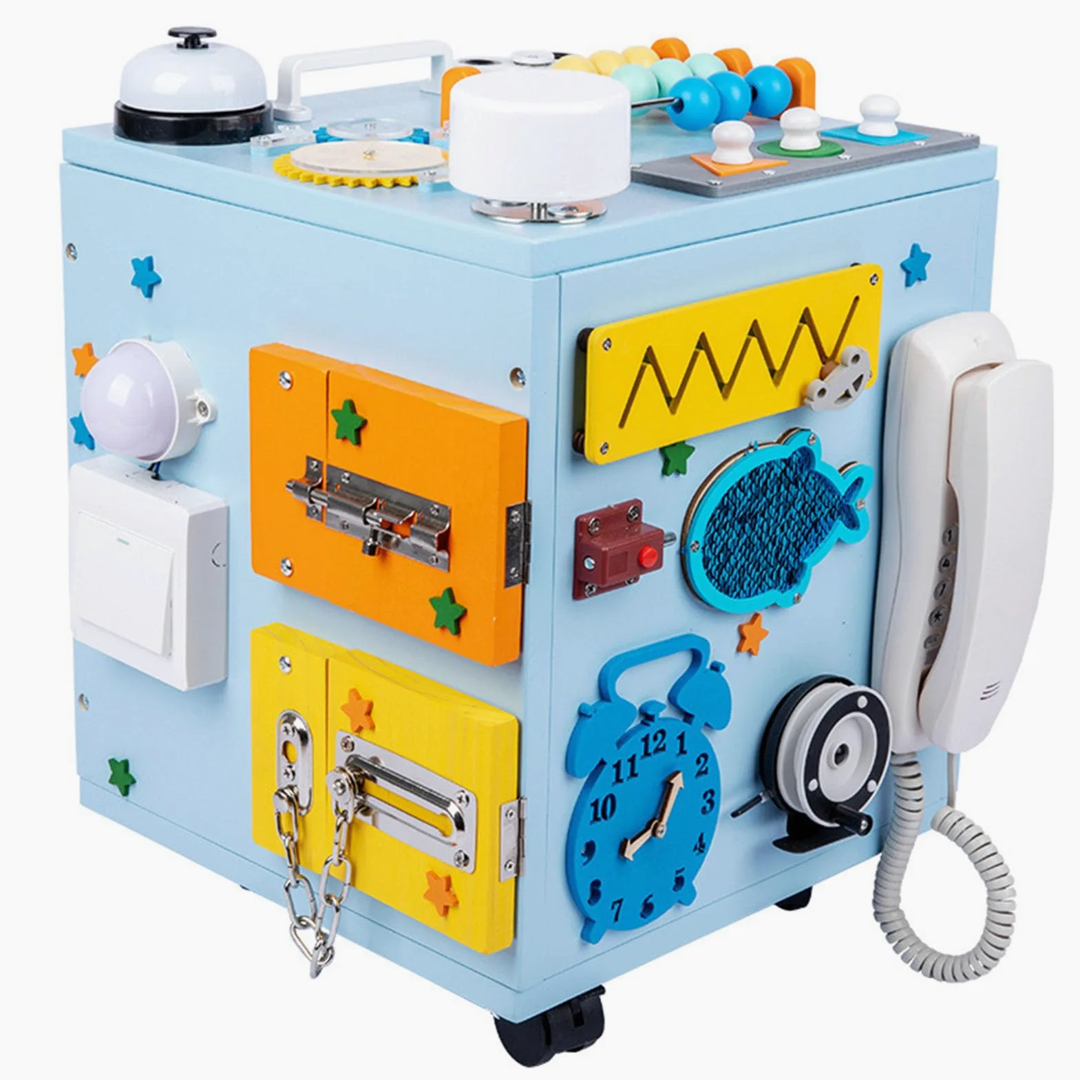 Tavola attività Montessori Busy Cube, Giocattolo Sensoriale in Legno per Bambini, Scatola Busy Multifunzionale,Blu