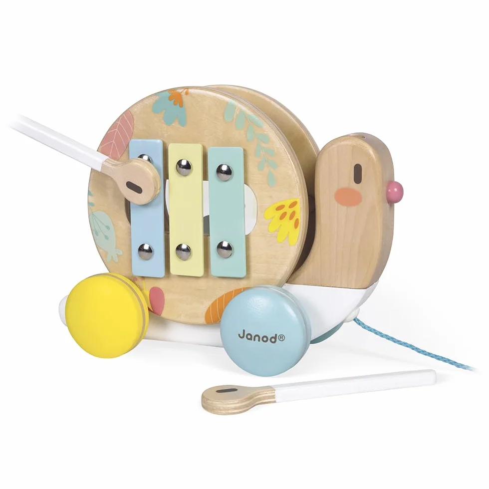Janod - Chiocciola in Legno da Trainare Pure - Giocattolo in Legno con Xilofono e Tamburello - Vernice Ad Acqua - Giocattolo Educativo Musicale 1A Infanzia - Da 1 Anno, J05159