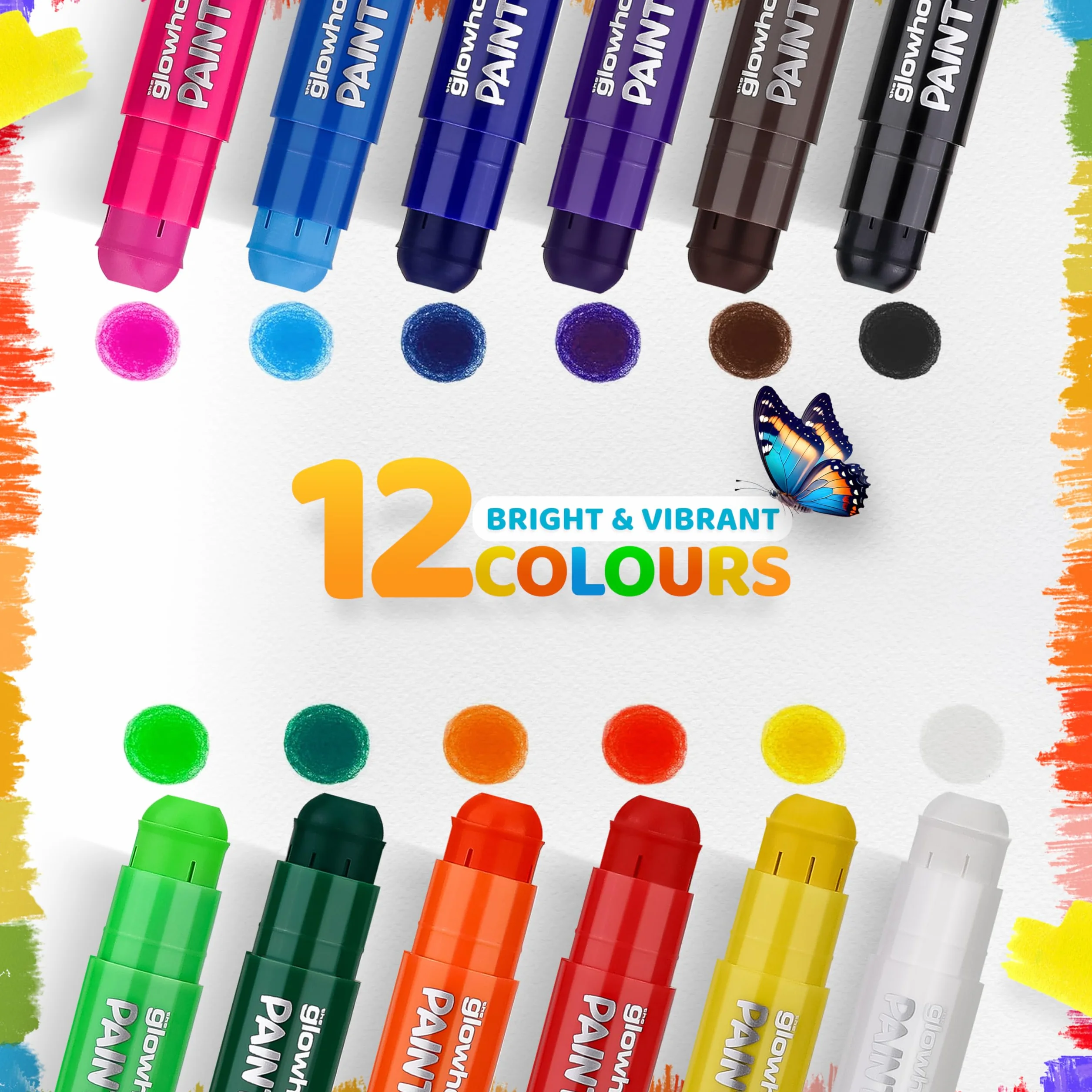 The Glowhouse Bastoni di Vernice a Tempera Colori Classici 12 Pezzi - Bastoncini di Vernice Multicolore Non Tossici, Lavabili, Senza Pasticci, per Bambini, Confezione da 12, Perfetto per Progetti