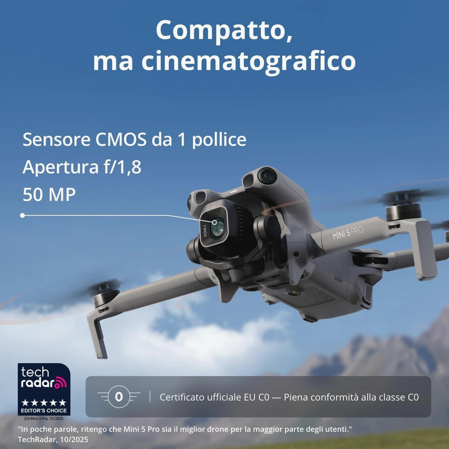 DJI Mini 5 Pro, drone ultraleggero e pieghevole con fotocamera, CMOS da 1 pollice, rilevamento omnidirezionale degli ostacoli, ActiveTrack 360°, drone 4K per principianti, C0