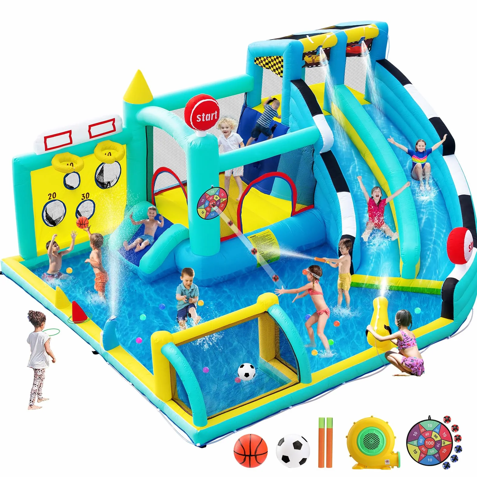 Castello Gonfiabile Grande per Bambini con Acquatico Scivolo, Piscina, Pareti Arrampicata, Trampolino, Canestro da Basket per Interno Giardino Esterno, 470×400×220cm