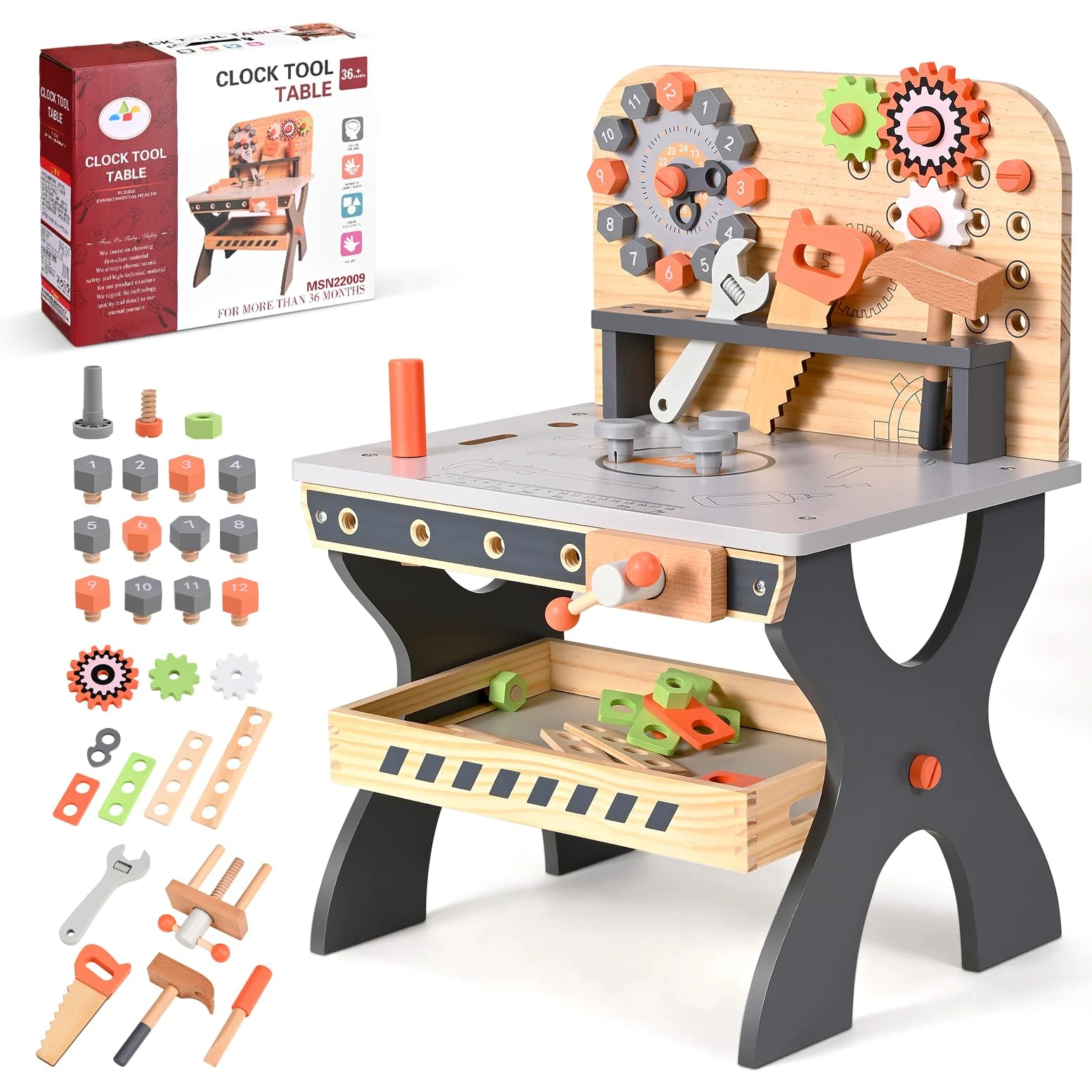 Banco da Lavoro per Bambini in Legno, Strumenti di Gioco Banco degli Attrezzi in Legno Multifunzione Tabella degli Strumenti per Lo smontaggio di Viti e Dadi per Bambini dai 3 Anni in su