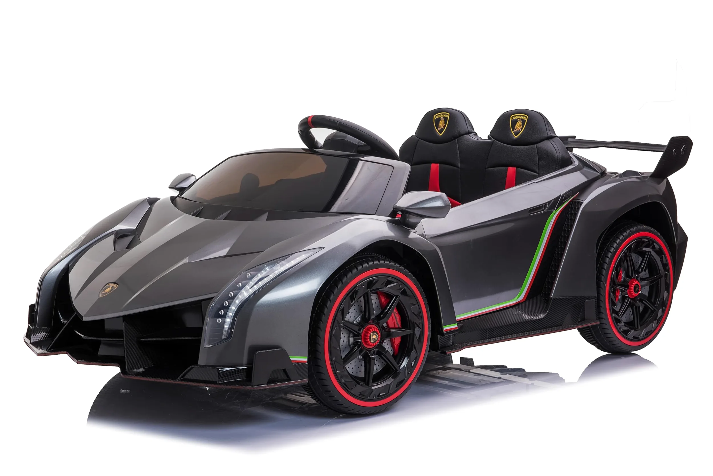 FINOOS Auto macchina elettrica per bambini Lamborghin Veneno 24V 2 posti, 4X4, sedile in pelle, ruote in gomma con telecomando 2,4 GHz da 1 a 7 anni (Grigio metallizzato)