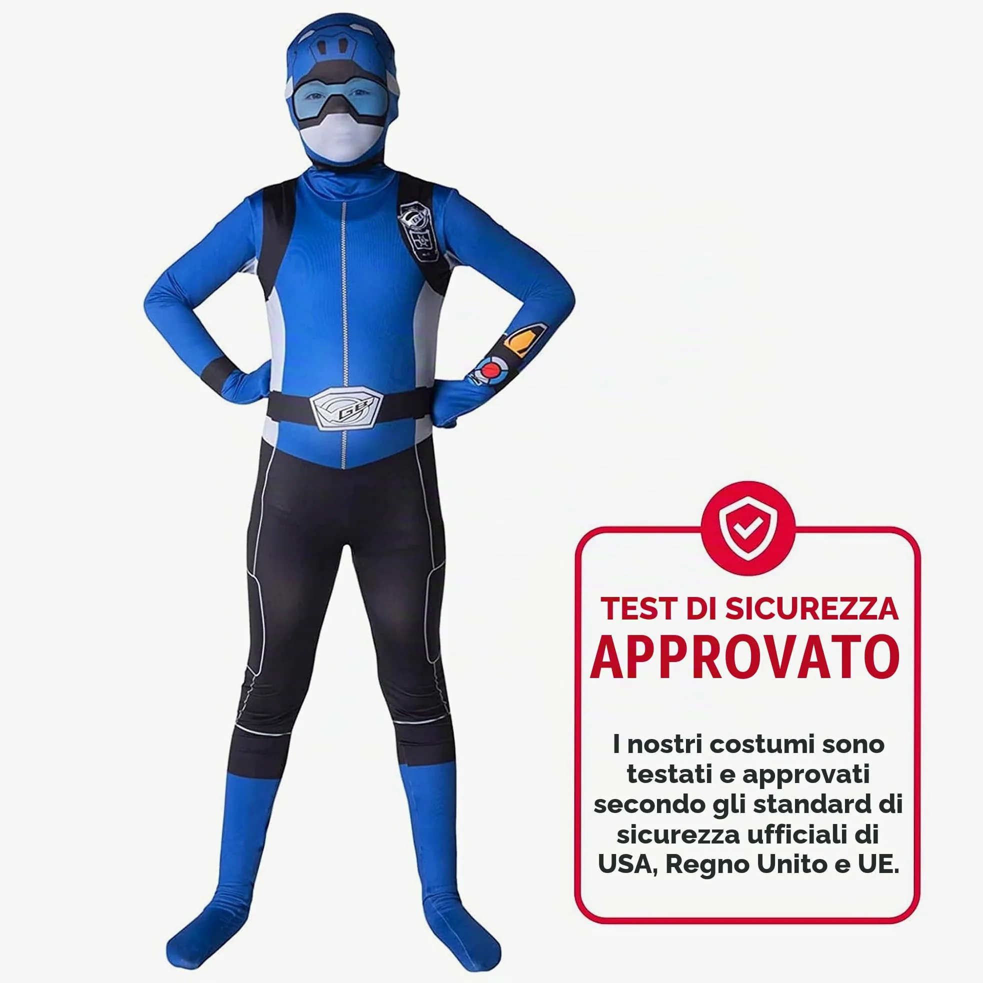 Morphsuits Costume Power Ranger Blu Bambino, Tuta Halloween Bambino | Tuta Integrale con Cappuccio e Visiera, Design Ranger Blu, Chiusura con Zip, Perfetto per Halloween, Ideale per il Cosplay