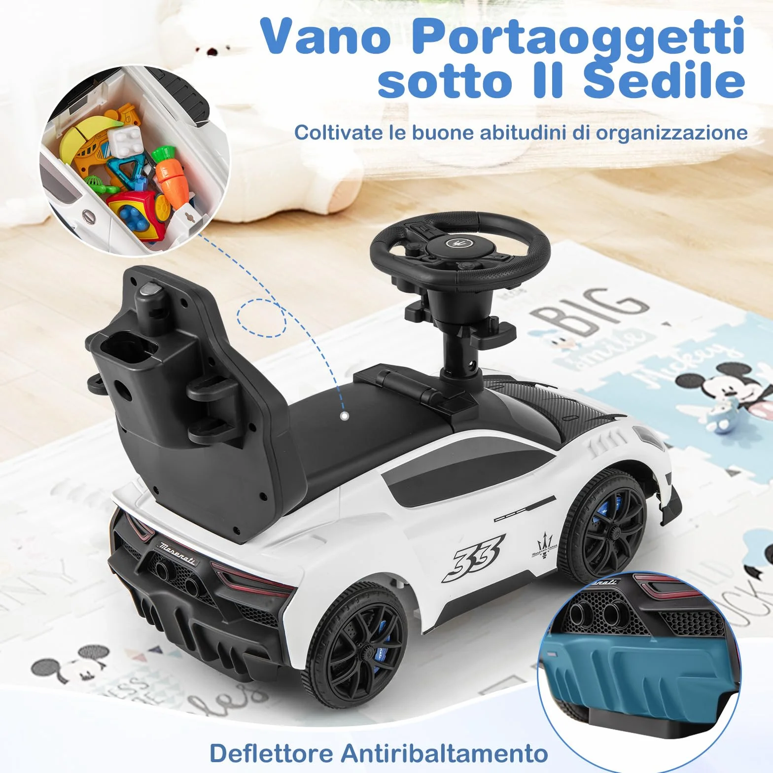 COSTWAY 3 in 1 Maserati Auto da Spinta Bambini 18-60 Mesi Bianco