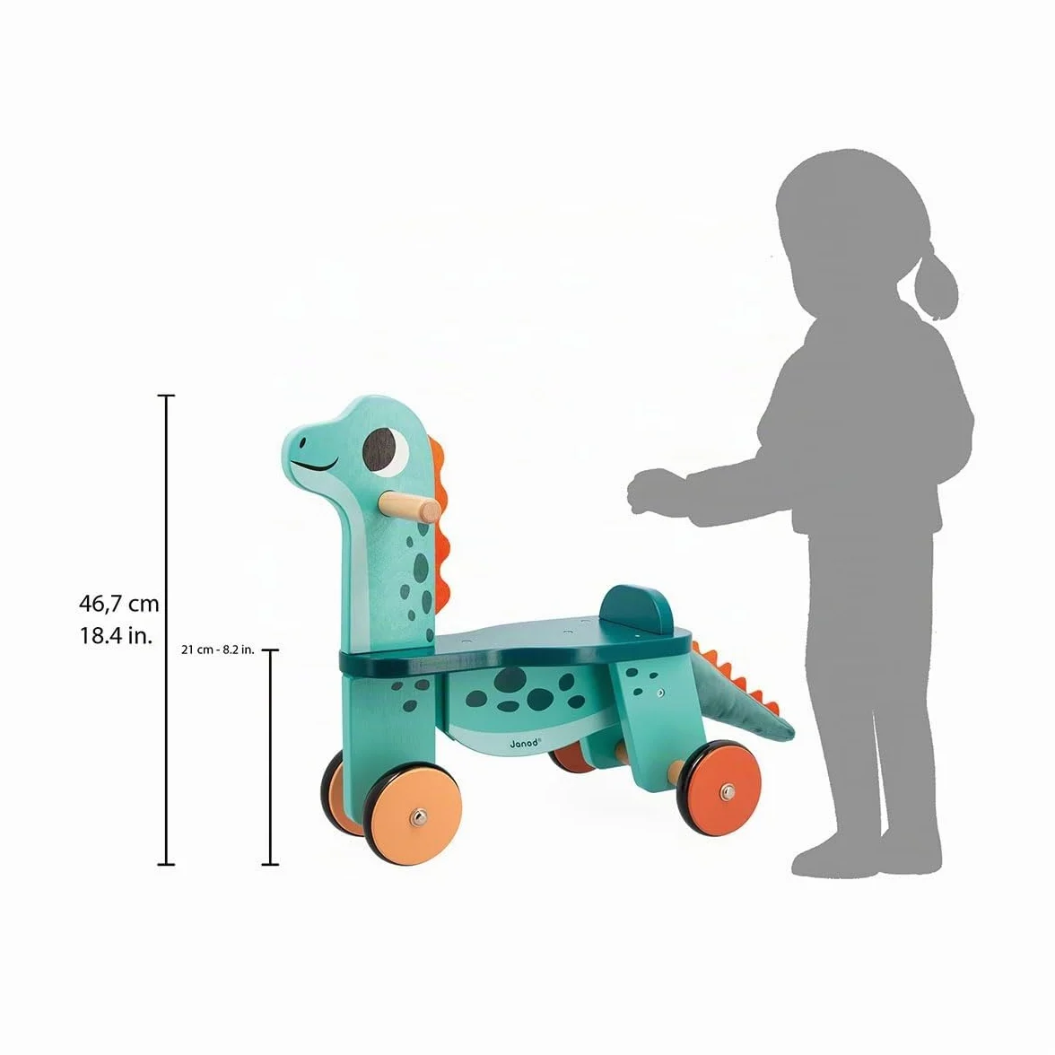 Janod Cavalcabile Dinosauro Portosauro Altezza Sedile 21 cm Coda Peluche Removibile Giocattolo Multisensoriale Legno FSC dai 12 Mesi