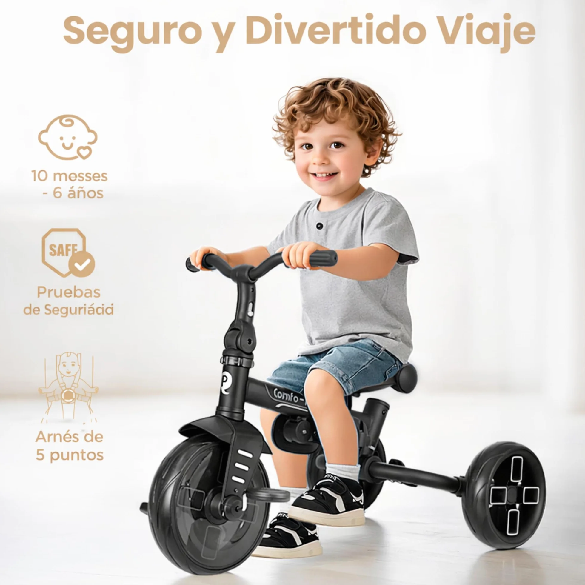 Qplay Triciclo Evolutivo COMFO MAX 6 in 1 nero | Triciclo Bebe 1 anno pieghevole in alluminio con seduta a 360°, reclinabile e capottina - per neonati da 10 a 72 mesi (beige)