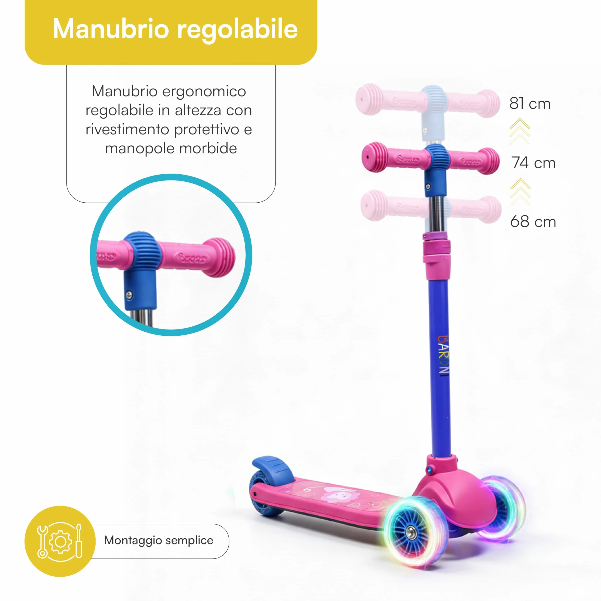 Baroni Toys Monopattino 3 Ruote per Bambini dai 3 Anni, Ruote LED Luminose, Manubrio Regolabile 3 Altezze, Freno Posteriore, 52x25x81cm