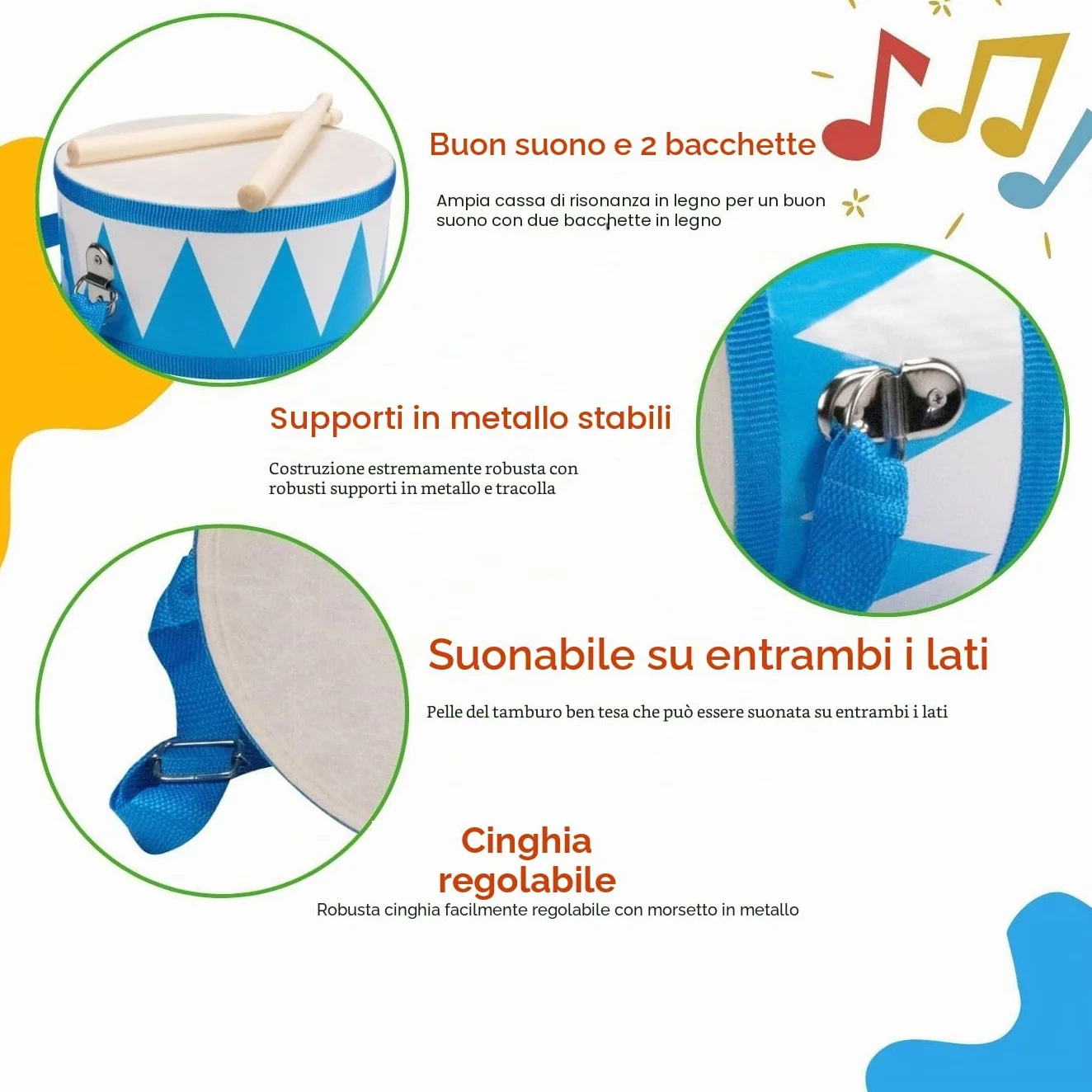 Tamburo per bambini blu bianco strumento musicale in legno con tracolla e bastoncini D: 20 cm - 3845