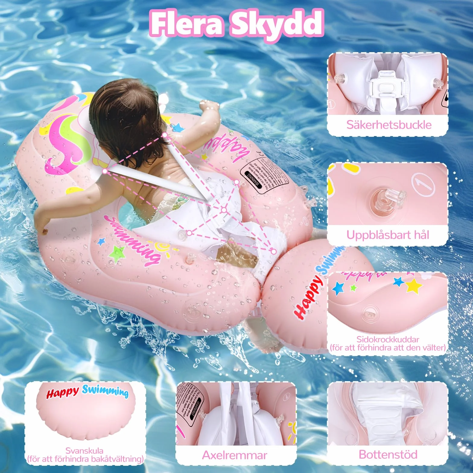 Salvagente Neonato con Parasole, Piscina Neonato 6-36 Mesi Salvagente con Mutandina Rimovibile Caratteristiche Antiribaltamento Baby Pool Float UPF50+ Protezione UV