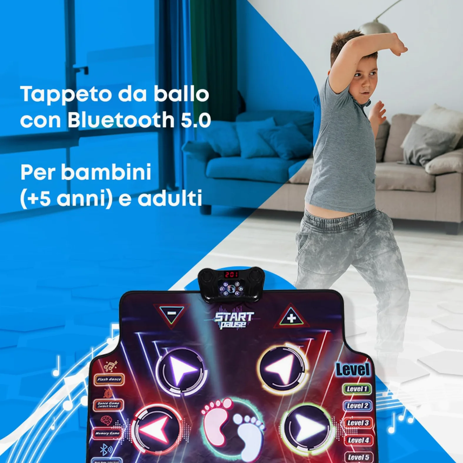 NK Tappetino da Ballo per Bambini +5 Anni e Adulti Bluetooth 5.0 - Giochi Danza con 7 modalità di Gioco, Regalo di Compleanno Natale, Base Antiscivolo e Altoparlante con Volume Regolabile (100x89cm)