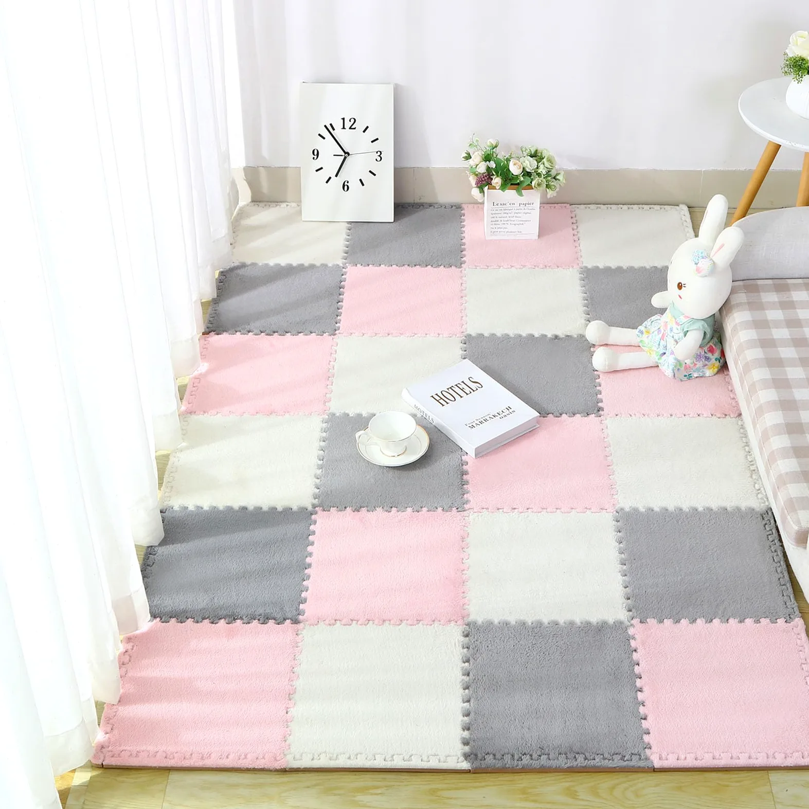 Tappeto ad Incastro Splice 16 Pezzi Tappeto Puzzle in Schiuma ad Incastro, Tappeto Quadrato in Schiuma, Tappeto Patchwork soffice e soffice,White+Gray+Pink