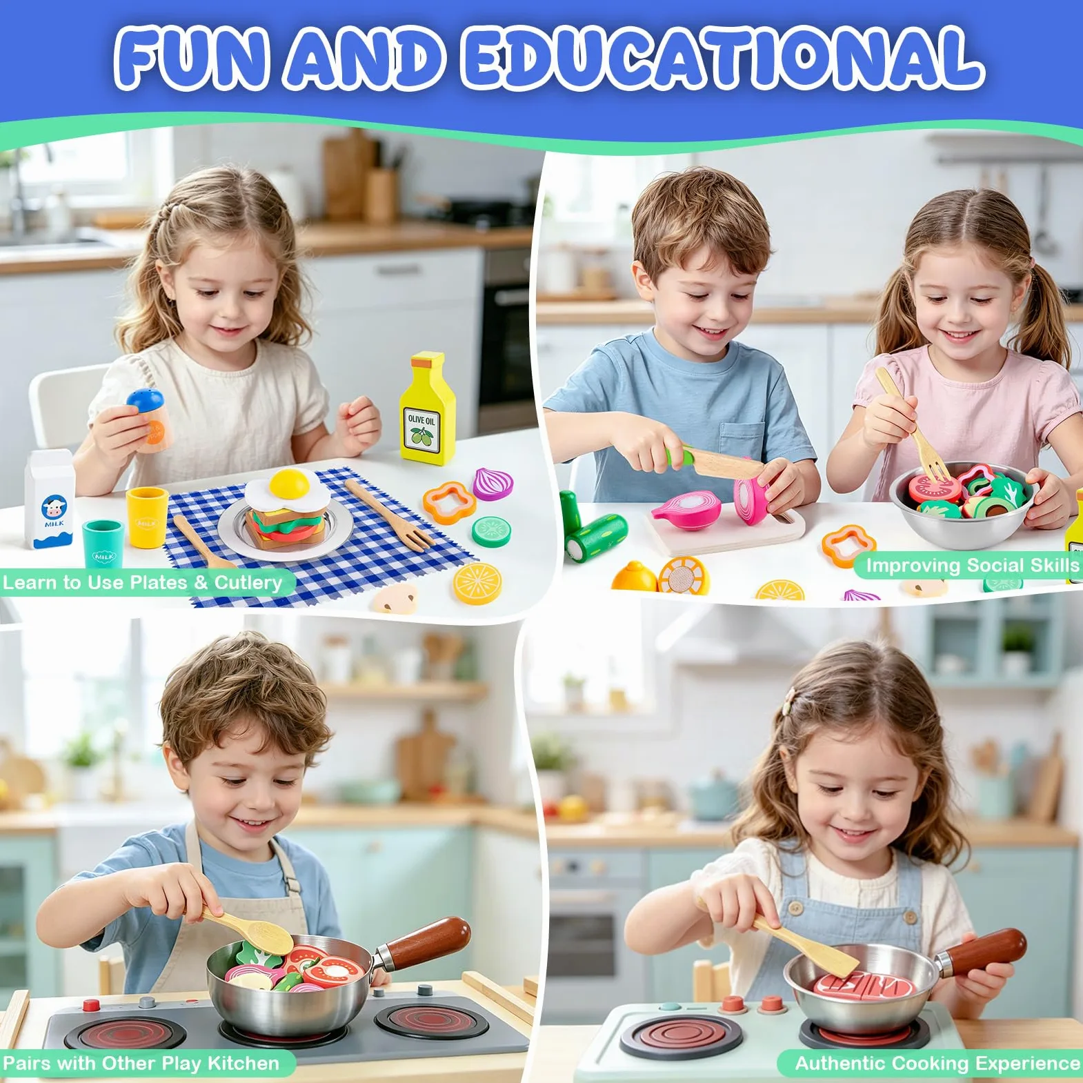 SEMKOTREE Cucina Giocattolo per Bambini, Accessori Cucina Bambini Legno Set Utensili Cucina, Insalatiera Pentole Acciaio Inox, Giochi Bambina Gioco Montessori, Regalo Bimba Bimbo 3 4 5 6 Anni