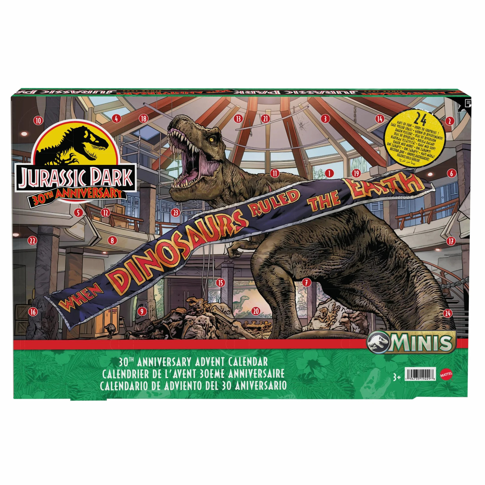 Mattel Jurassic World - Calendario dell'Avvento 30° Anniversario, con conto alla rovescia di 24 giorni e tante sorprese, mini dinosauri, personaggi e cancelli, giocattolo per bambini, 3+ anni, HTK45