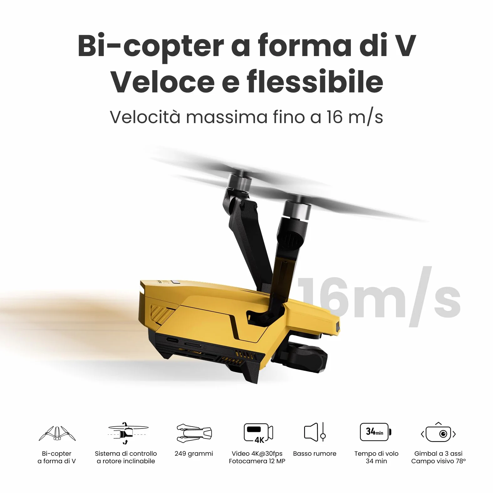Falcon Mini Drone con Telecamera 4K per Adulti e Principianti, Design Bi-Copter, Volo Invertito, Velocità 16m/s, Trasmissione 10000ft, 34 Minuti di Volo, 249g