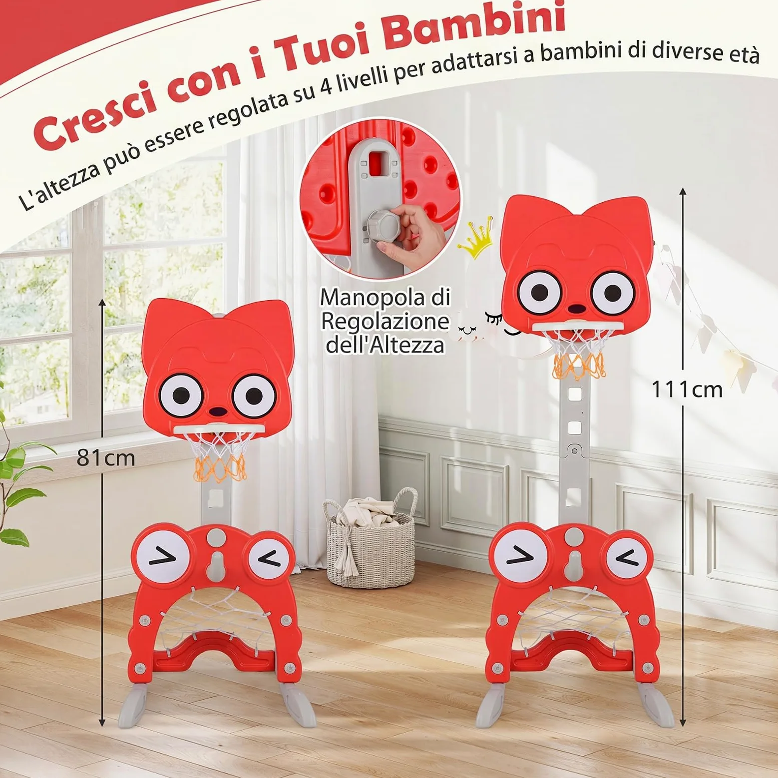 COSTWAY Canestro da Basket 4 in 1 per Bambini 3+ Anni, Altezza 118-148 cm | Centro di Attività Forma Volpe in HDPE con Golf, Calcio e Anelli da Lancio, Base Riempibile, per Cameretta e Asilo Nido
