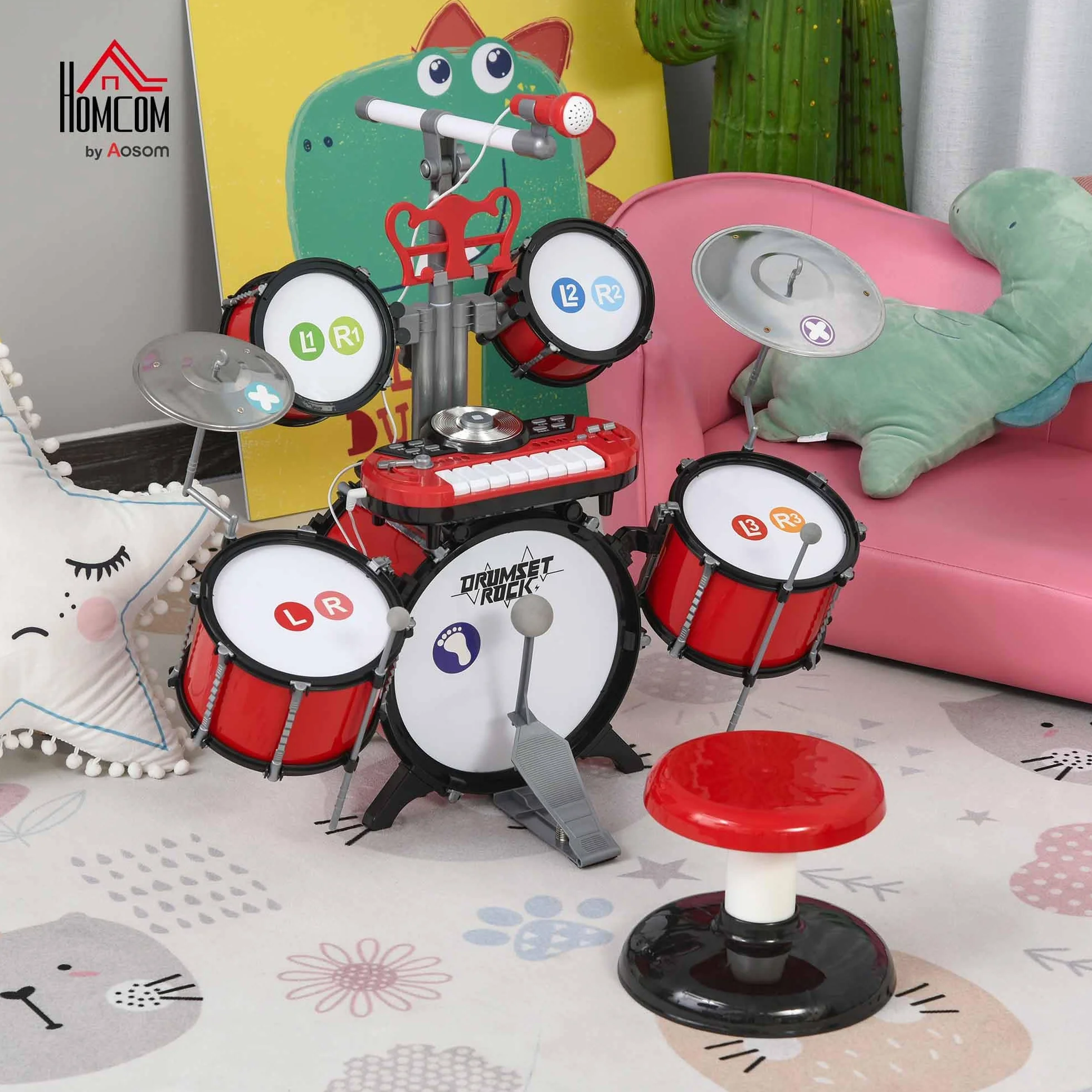 HOMCOM Set Batteria per Bambini con Strumenti Musicali, Batteria Jazz con 5 Tamburi e Sgabello, Giocattolo Musicale Educativo per Bambini, Effetti Sonori e Microfono Giocattolo, 77.5x40x76.5cm, Rosso