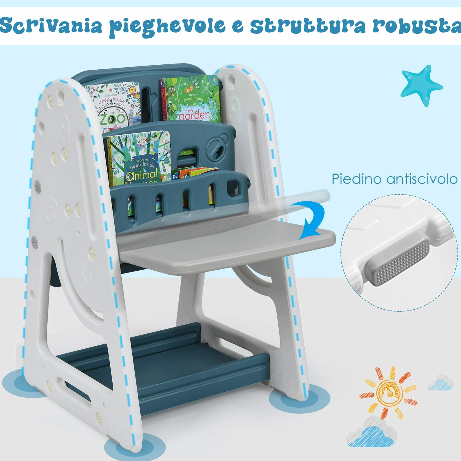COSTWAY Lavagna Magnetica Bifacciale per Bambini, Altezza Regolabile, con Sedia e Accessori (Blu)