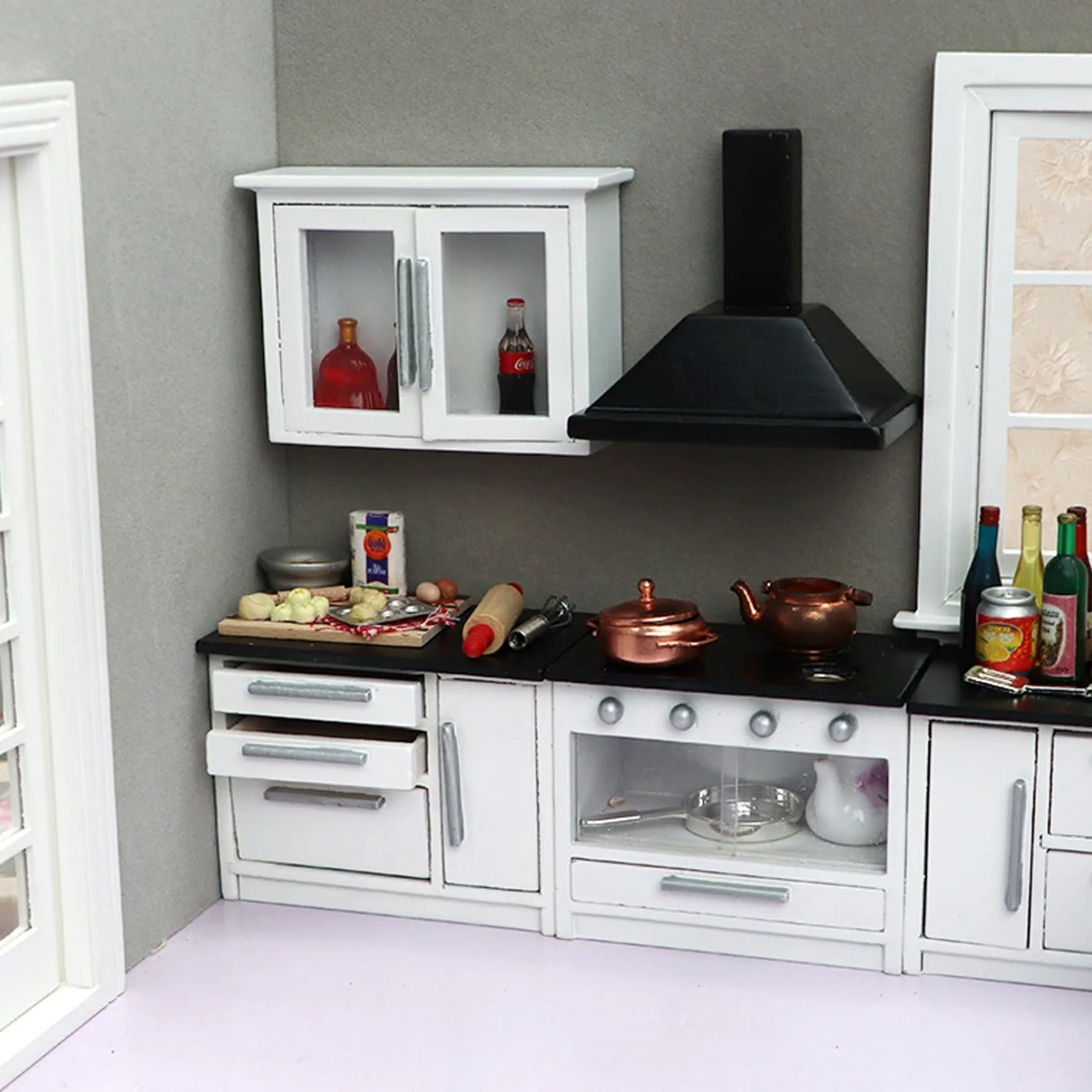 Set da cucina per casa delle bambole in legno, mobili in miniatura 7 pezzi scala 1:12, accessori di simulazione per scene di decorazioni per case delle bambole