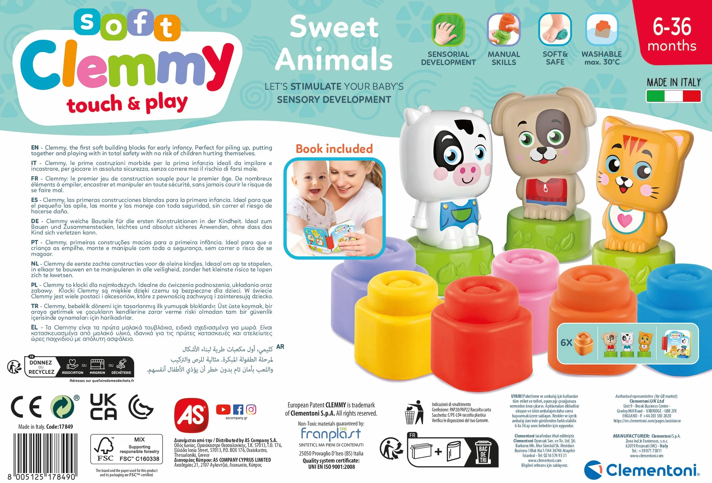 Clementoni Soft Clemmy - Sweet Animals, Play Set Bambini 6-36 Mesi, con 6 Mattoncini per Costruzioni e 3 Personaggi, Gioco Prima Infanzia Made in Italy, per Stimolare i Sensi dei più Piccoli, 17849