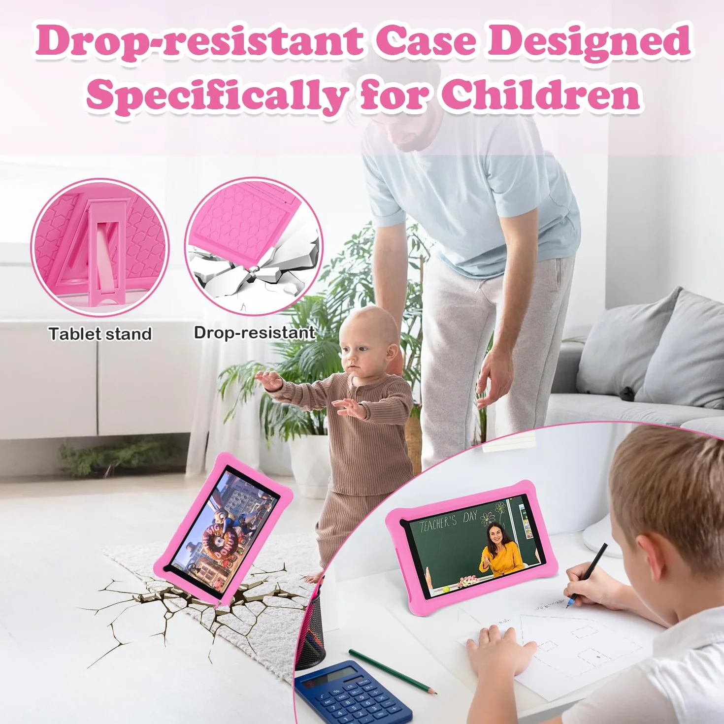 Tablet bambini 7 pollici con Controllo Parentale, Android 13, Schermo IPS, 8GB RAM 64GB ROM(256 GB Espandibile), WiFi, App Pre-installed, Doppia fotocamera, Tablet Educativo con Custodia (Rosa)