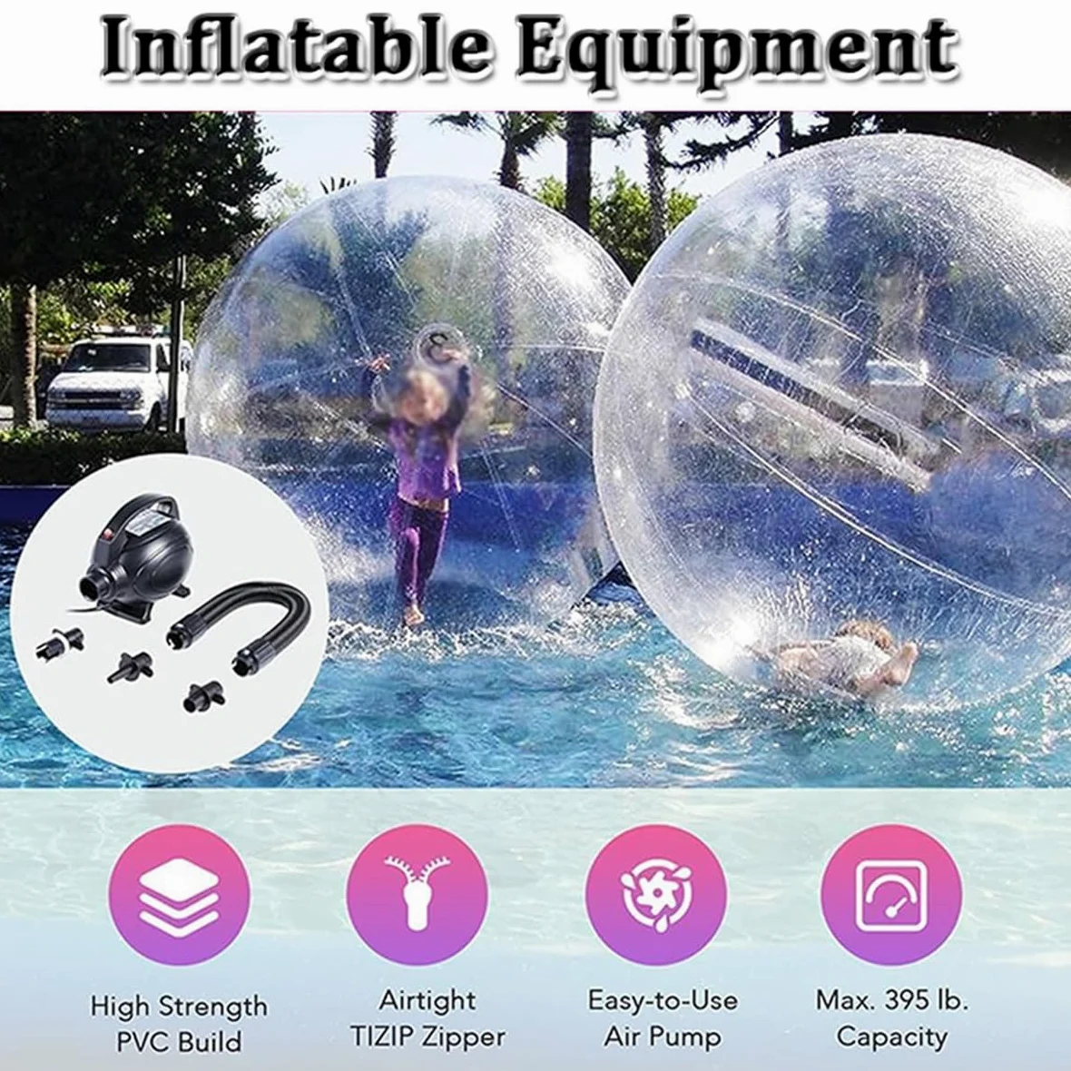 Palla da piscina in PVC - Palla da passeggio in acqua da 1,5/1,8/2/2,5 m con pompa ad aria elettrica, palla da passeggio trasparente in acqua, attrezzatura gonfiabile per l'intrattenimento,1.5m