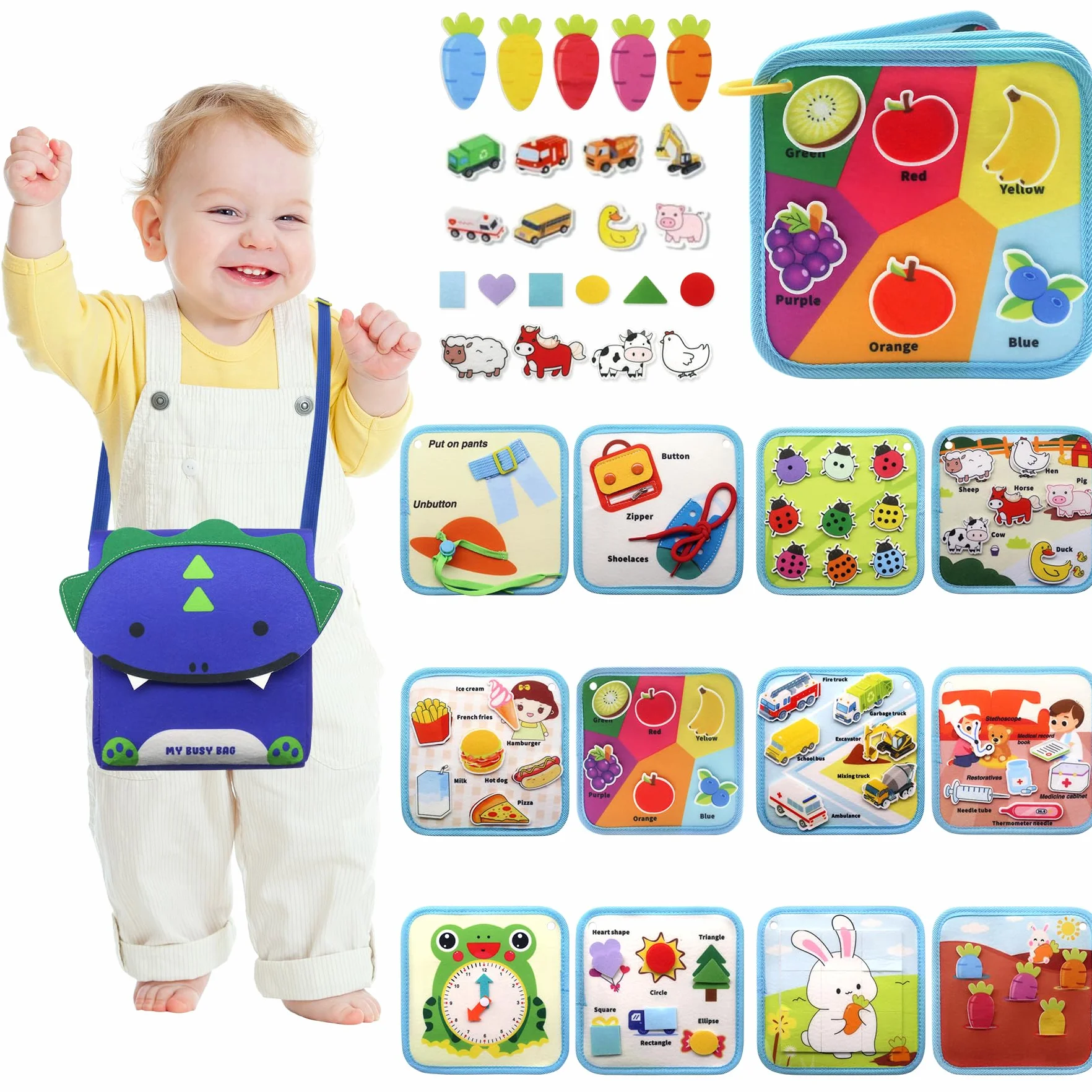 Busy Board Montessori 1 2 3 Anni, 12 in 1 Giochi Bambini Educativi Tabellone Attivitài 1 Anno, Feltro Quiet Book, Pannello Sensoriale Montessori Giocattoli Regalo, Libro Montessori Interattivo