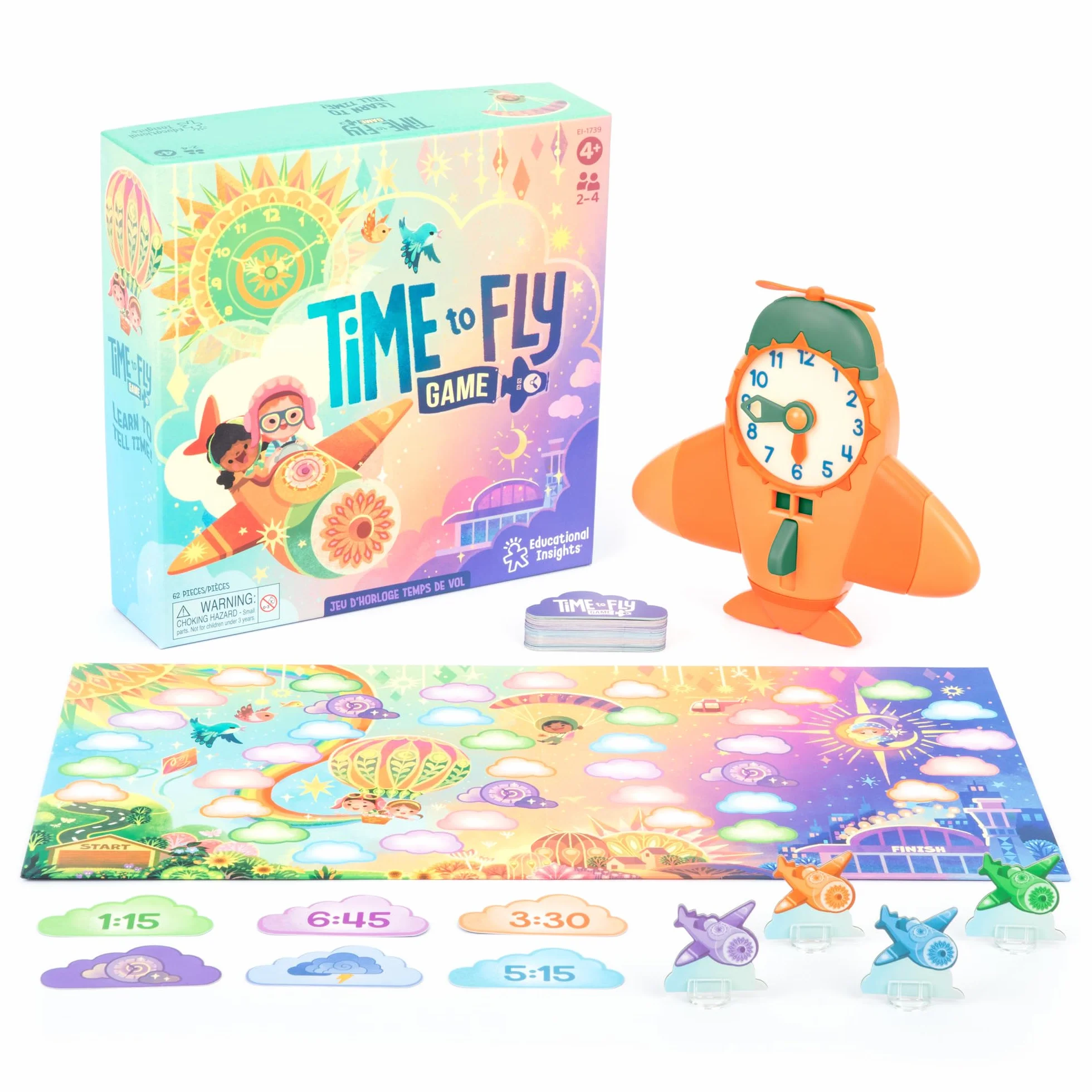 Learning Resources Gioco Orologio Tempo di Volare, Giocattoli per Bambini e Bambine di 4 Anni, Gioco per Dire Il Tempo con l'Orologio da 2 a 4 Giocatori, 62 Pezzi