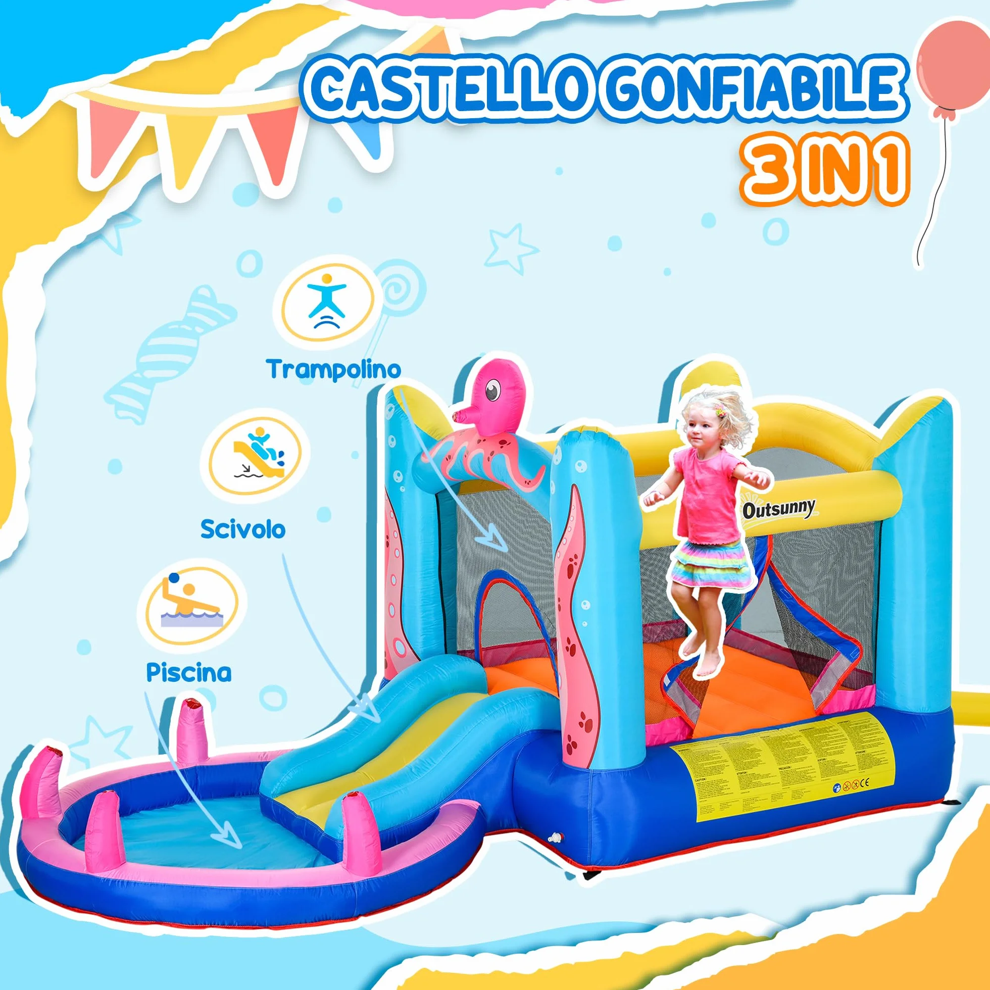 Outsunny Castello Gonfiabile Gigante e Rimbalzante per Bambini 3-8 Anni con Scivolo, Piscina e Gonfiatore 3.6x1.75x1.8m