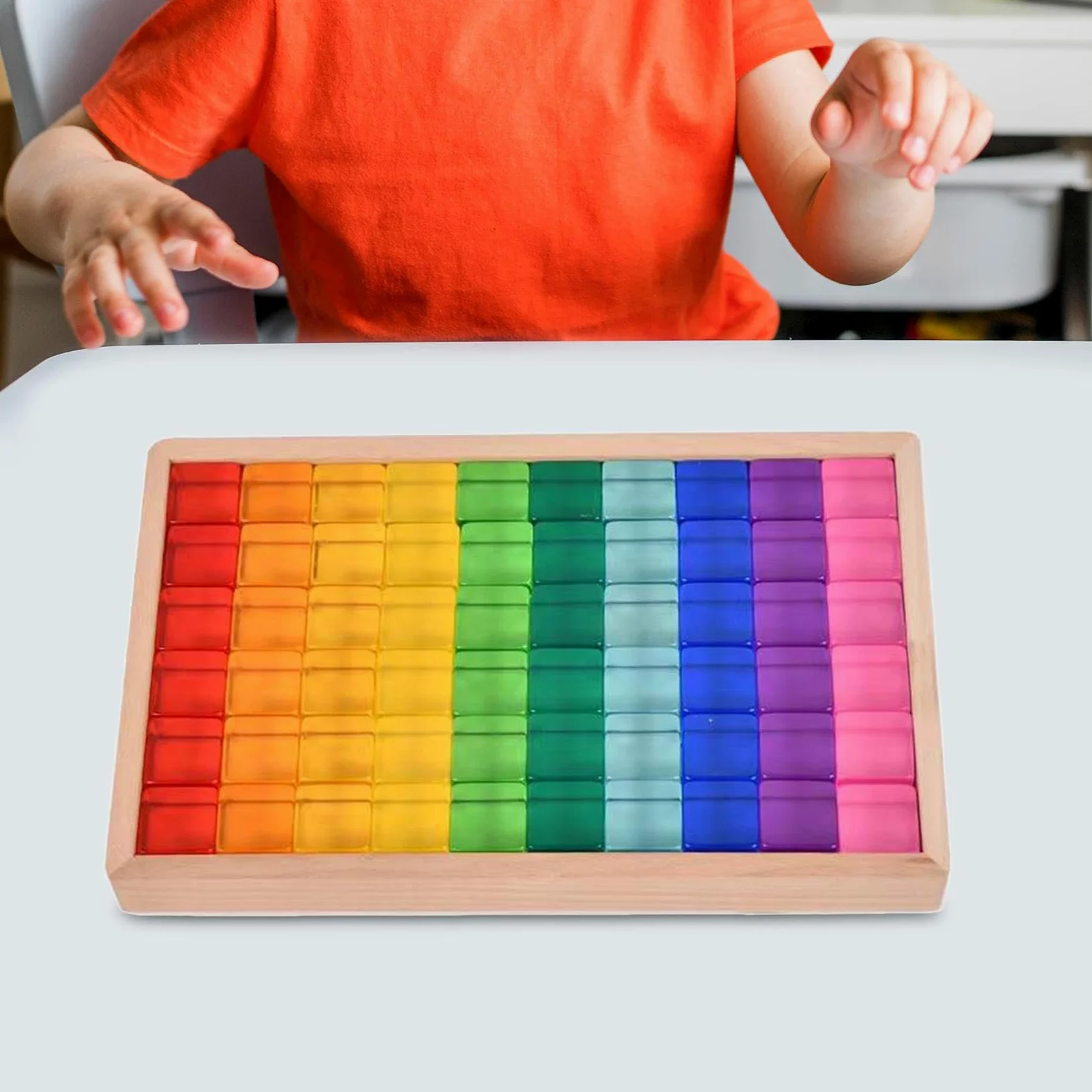 Set di Blocchi da Costruzione Arcobaleno, Giocattoli Didattici con Scatola di Legno, Giocattolo Impilabile, Cubi in Resina per Bambini Piccoli, Regalo