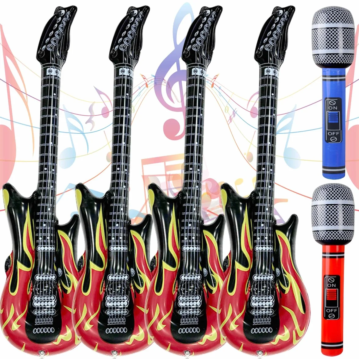 Chitarre Gonfiabili 100cm Rock per Bambini 4+2 Pezzi Carnevale Festa Compleanno