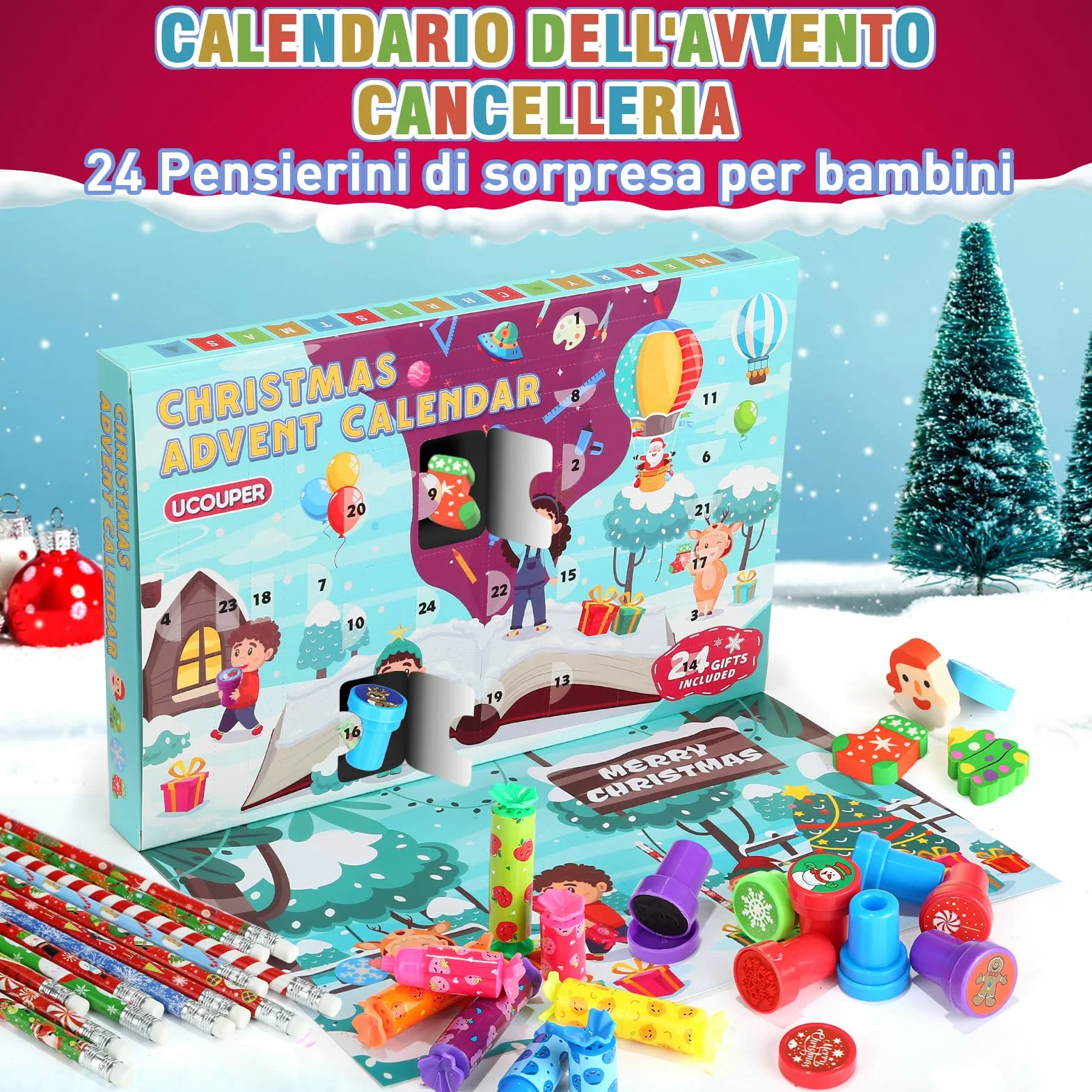Calendario Avvento 2025 di Cancelleria Scuola Set Cancelleria 24 Articoli Calendario Avvento Bambini Bambina con Matite Timbri Evidenziatori e Gomma Regali di Natale Bambini