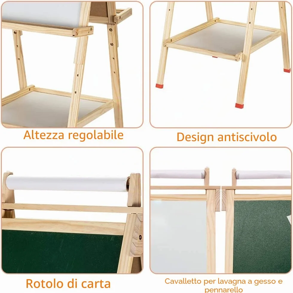 Lavagna per Bambini 3 in 1 Doppia Faccia Cavalletto Artistico in Legno con Rotolo di Carta Regolabile Altezza