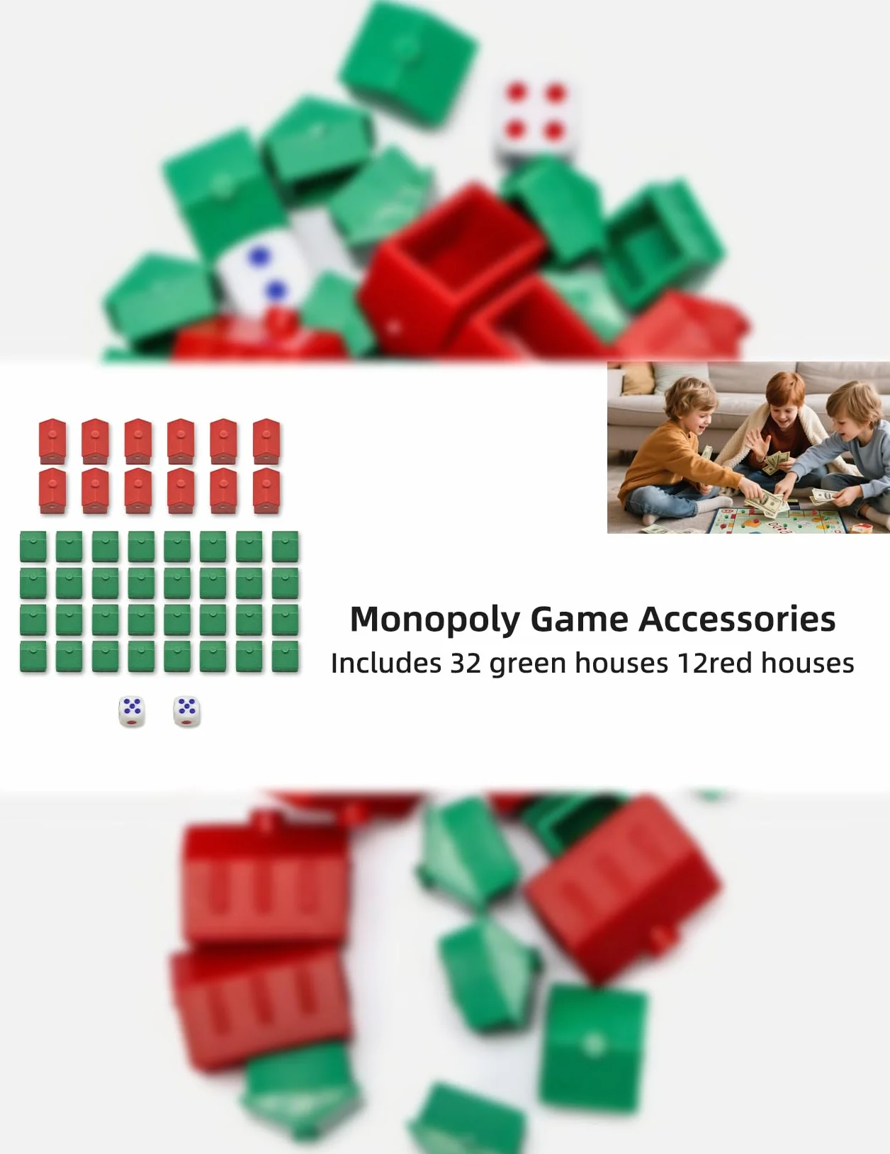 Monopoly Case & Hotel Set – 32 case verdi e 12 Alberghi rossi in plastica, pezzi di ricambio per Monopoly Classic, durevoli mattoncini da gioco e accessori per la serata di gioco (set casa)
