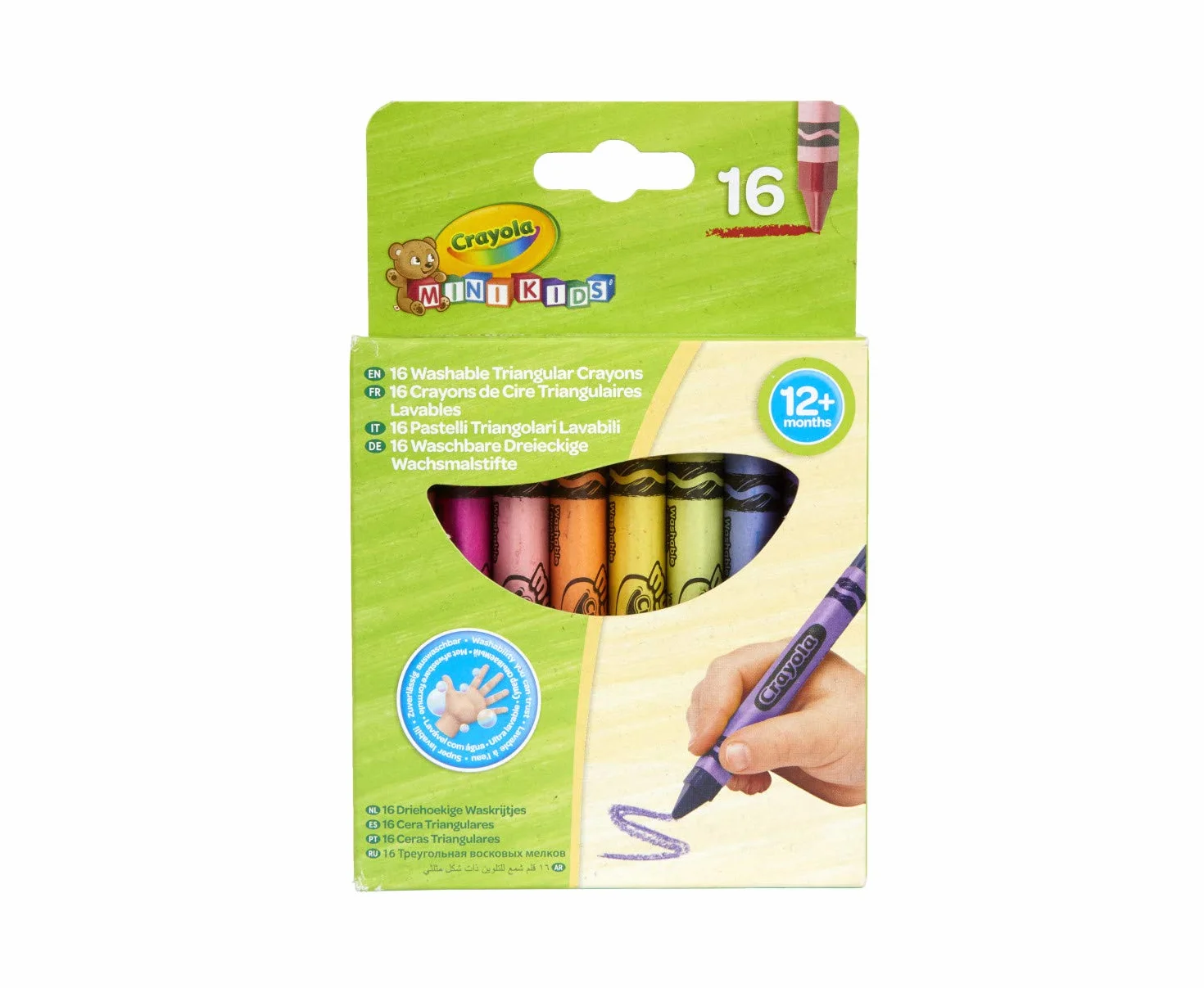CRAYOLA Mini Kids, Maxi Pastelli a Cera Lavabili, Forma Triangolare Ideale per i Bambini, 16 Colori Assortiti, Età 12 Mesi, 52-016T