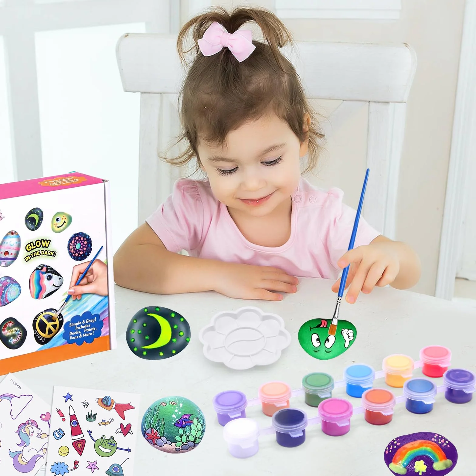 YESLUSY Kit Creativi Pittura di Pietra per Bambini 18 Pigmenti Colori Accessori 3-10 Anni