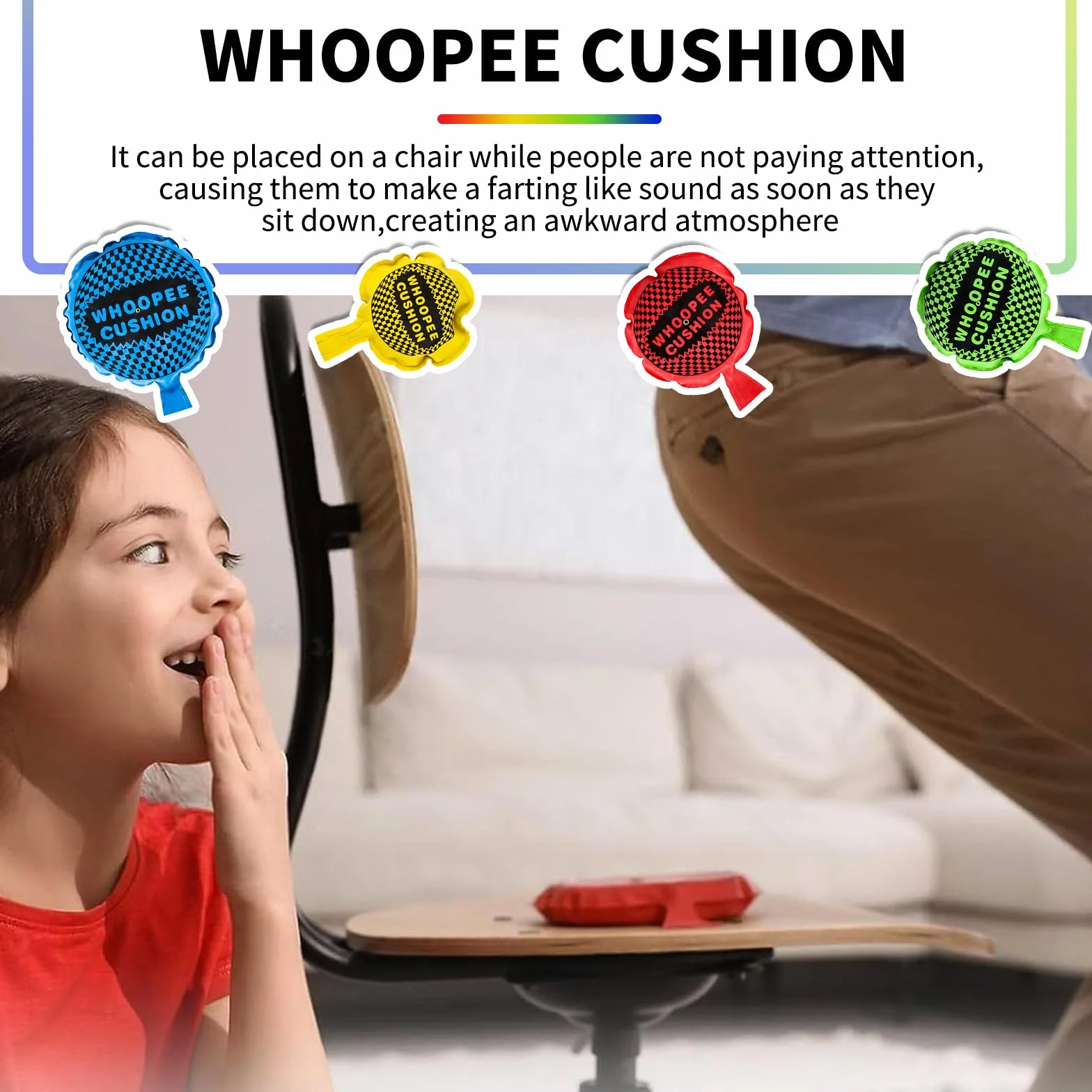 4 Pezzi Cuscino Scorreggione Cojín pedos,Autogonfiante Whoopee Cuscino,Cuscino per Scoregge,Adatto Bambini Adulti per Scherzi Divertimento (Grande/Verde,Medio/Rosso,Piccolo/Giallo+Blu)