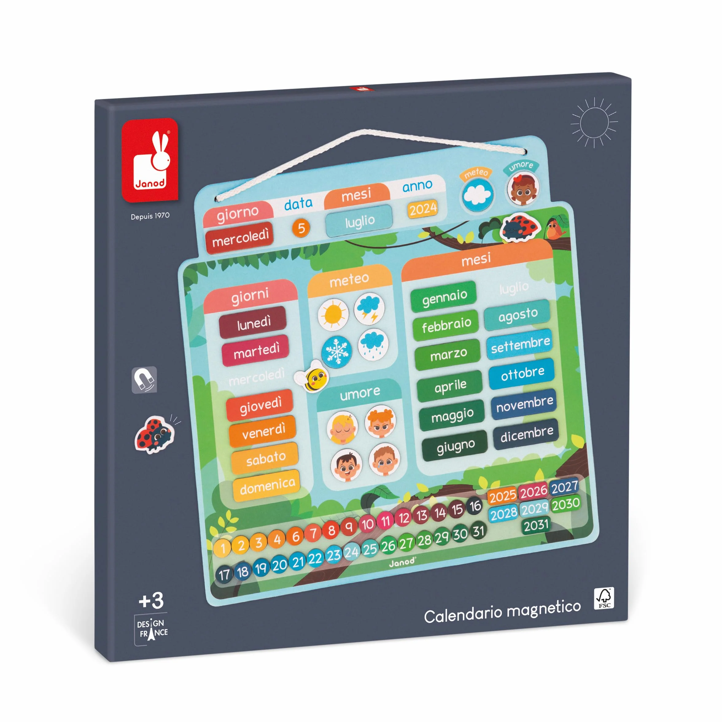 Janod - Calendario Magnetico Versione Italiana - 71 Calamite - Gioco Educativo - Comprendere la Nozione di Tempo e Acquisire Autonomia - Giocattolo in Cartone FSC - dai 3 Anni - J05467