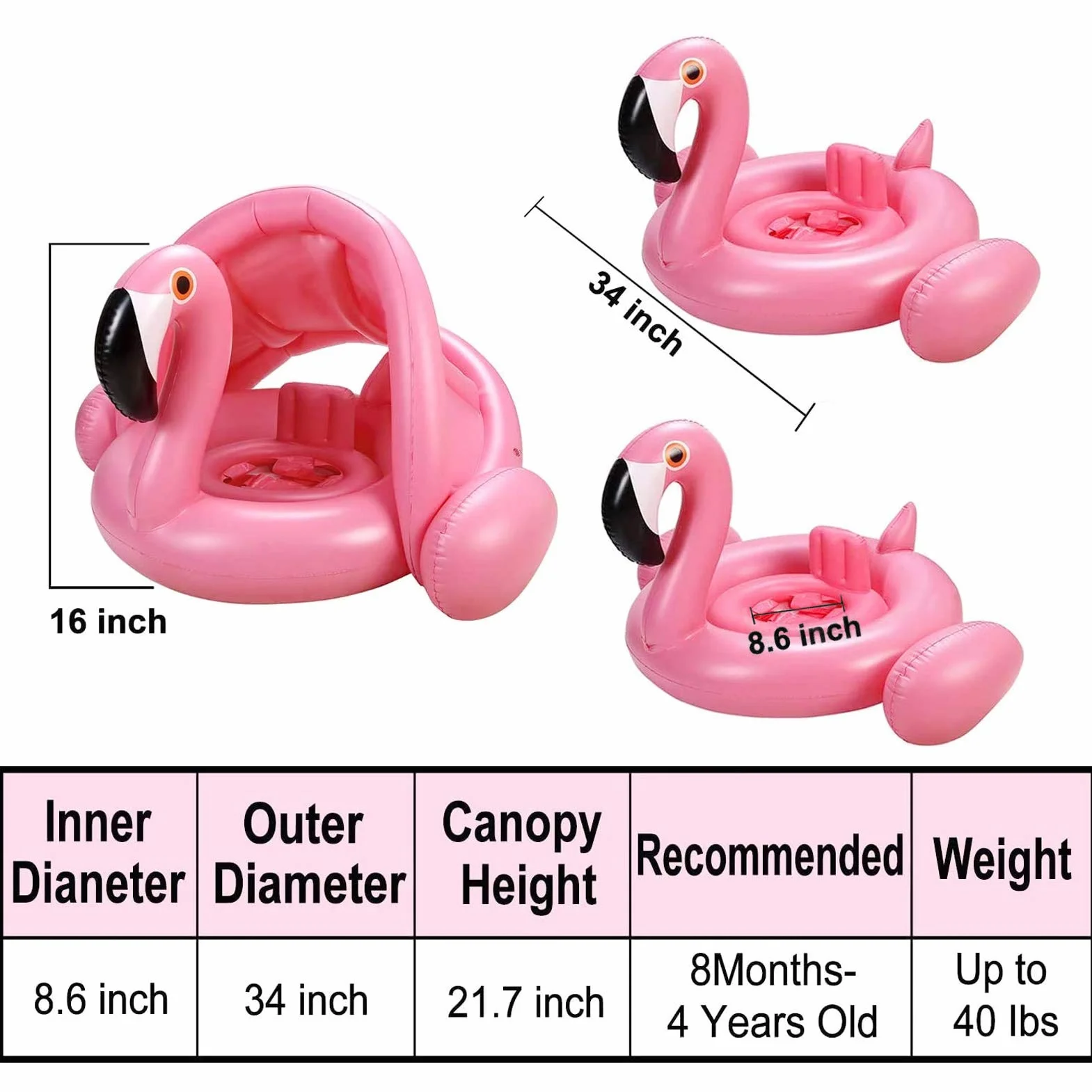 Fenicottero Anello di Nuoto,Baby Salvagente Bambini Giocattoli galleggianti,Baby Float con Parasole (A)