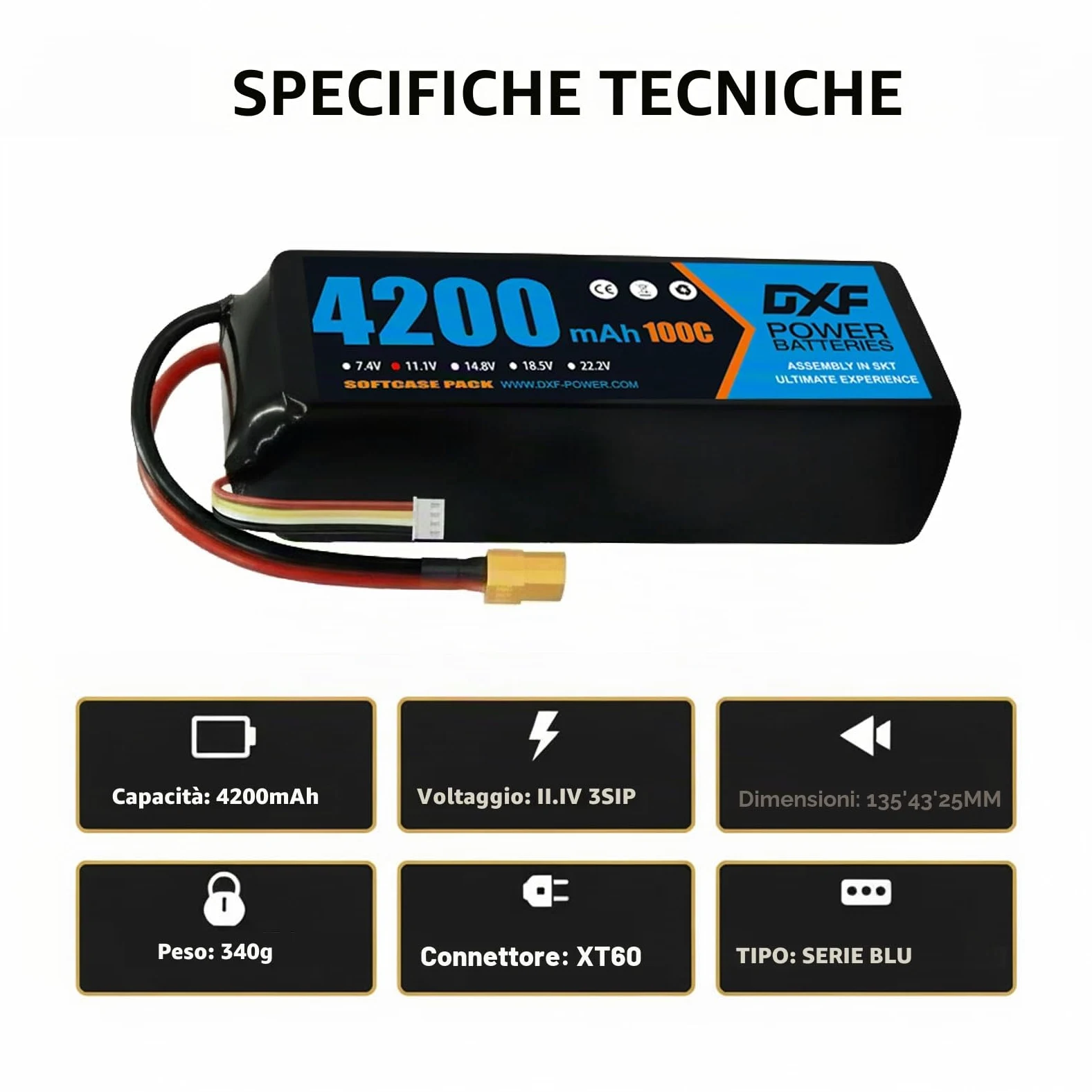 DXF Batteria LiPo 3S 11.1V 4200mAh 100C Spina XT60 Auto RC 1/8 1/10 Truck Buggy Monster Jam Compatta Leggera Potente Gare Racing Modellismo 2 Pezzi
