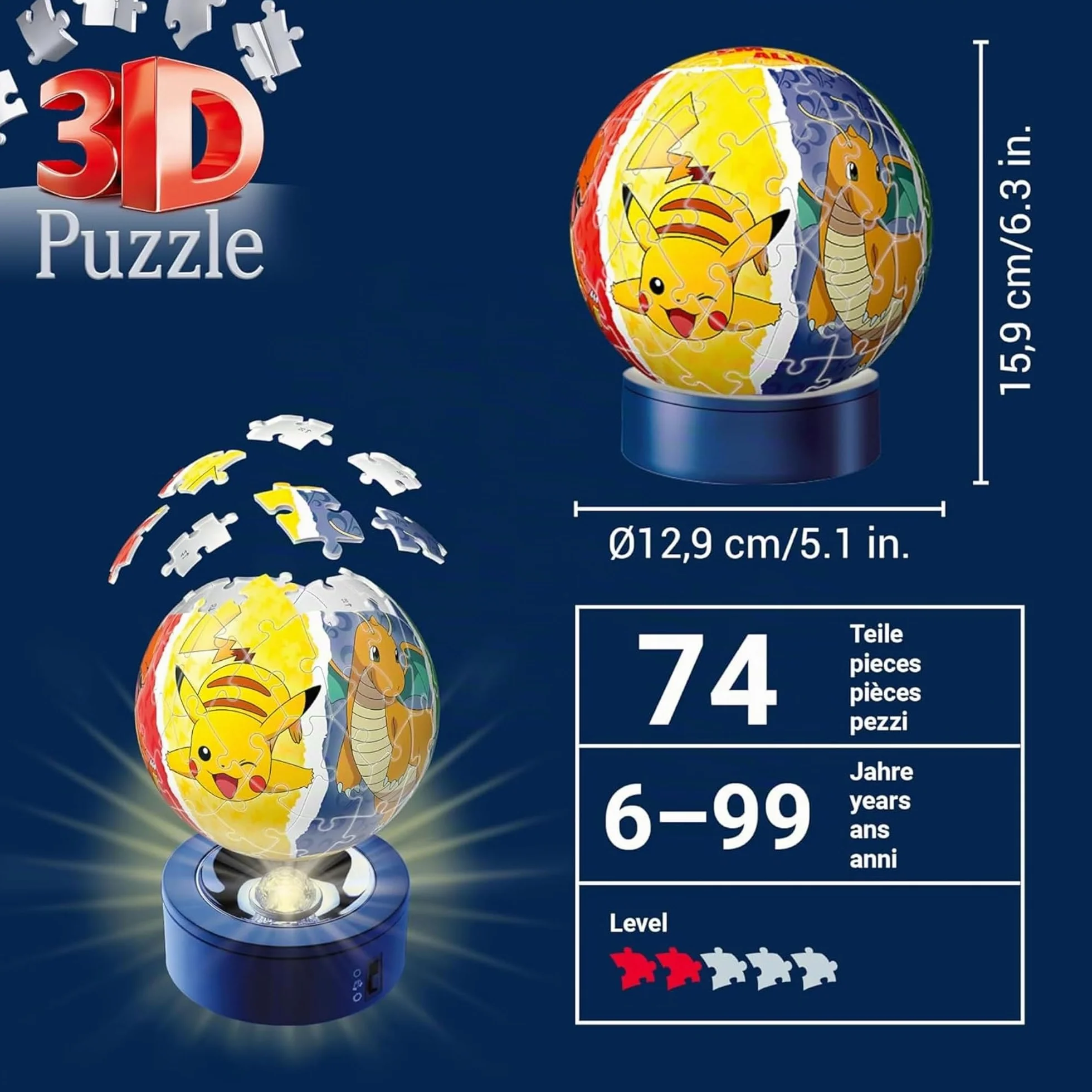 Ravensburger - Puzzle 3d Night Lamp Pokemon Led | Puzzle 3d Bambini 6 Anni O Più | Pokeball Pokemon | Modellismo Da Costruire Bambini Di 74 Pezzi | Regalo Bambino 6 Anni