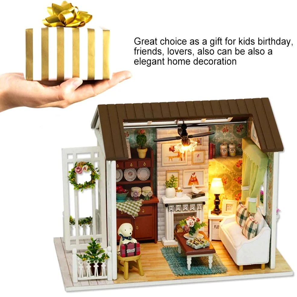 Kit case in miniatura fai-da-te, 2 pezzi Elegante lampada a LED Kit di costruzione di mini case fai-da-te Kit di mini case in legno per adulti, famiglia e amici