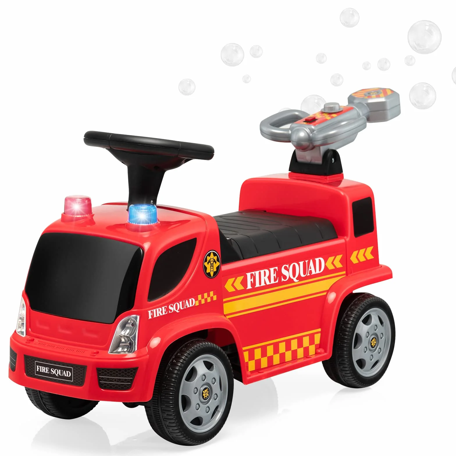 COSTWAY Camion dei Pompieri Giocattolo Cavalcabile a Spinta per Bambini con Bolla Musica Luci Allarme Rosso 18-36 Mesi