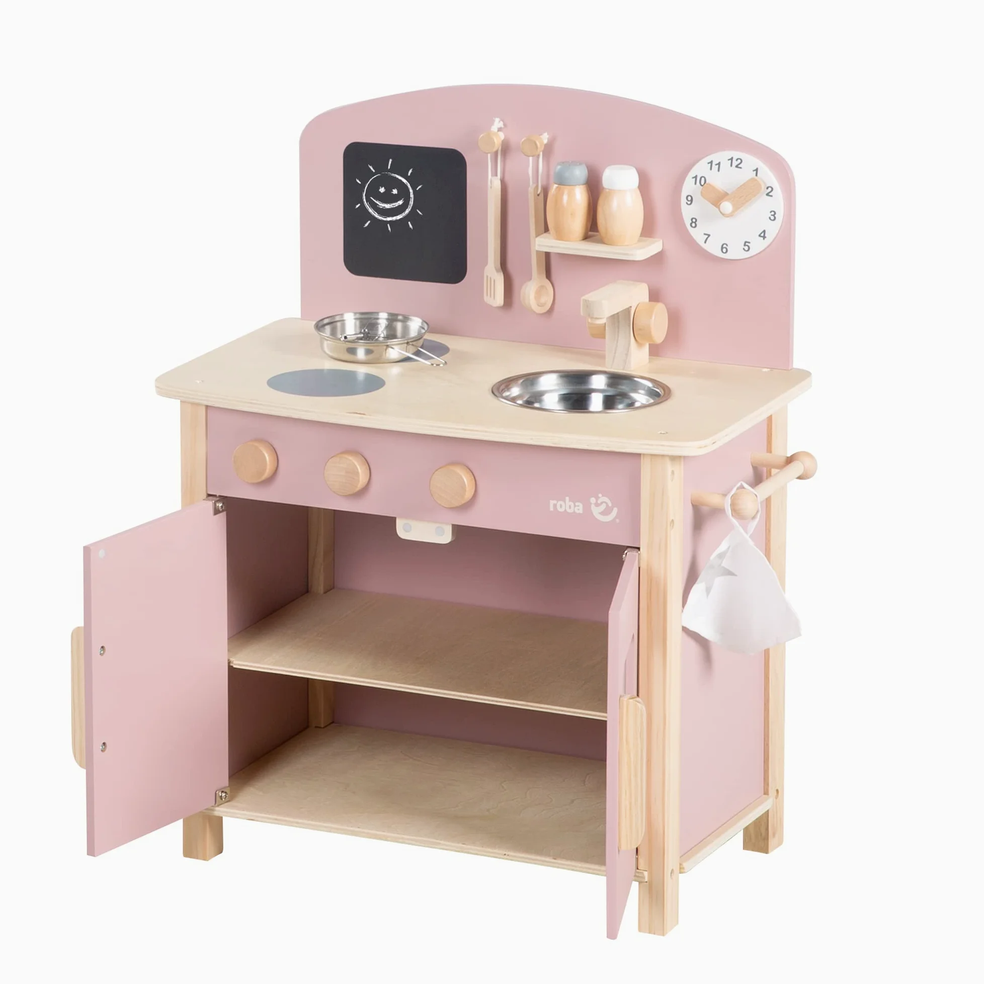 roba Cucina Giocattolo per Bambini, con Piano Cottura + Lavello, Accessori in Metallo e Legno, a Partire dai 3 Anni, Legno Naturale e Laccato Rosa
