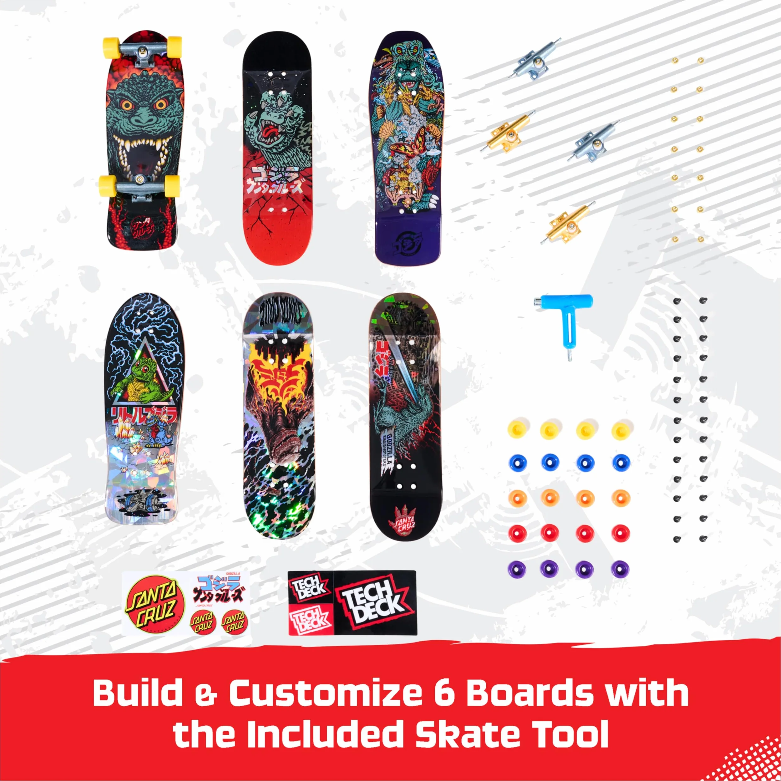 Tech Deck, Godzilla Sk8shop Fingerboard Bonus Pack, Mini Skateboard da Collezione Personalizzabili, Giocattoli per Bambini da 6 Anni in su