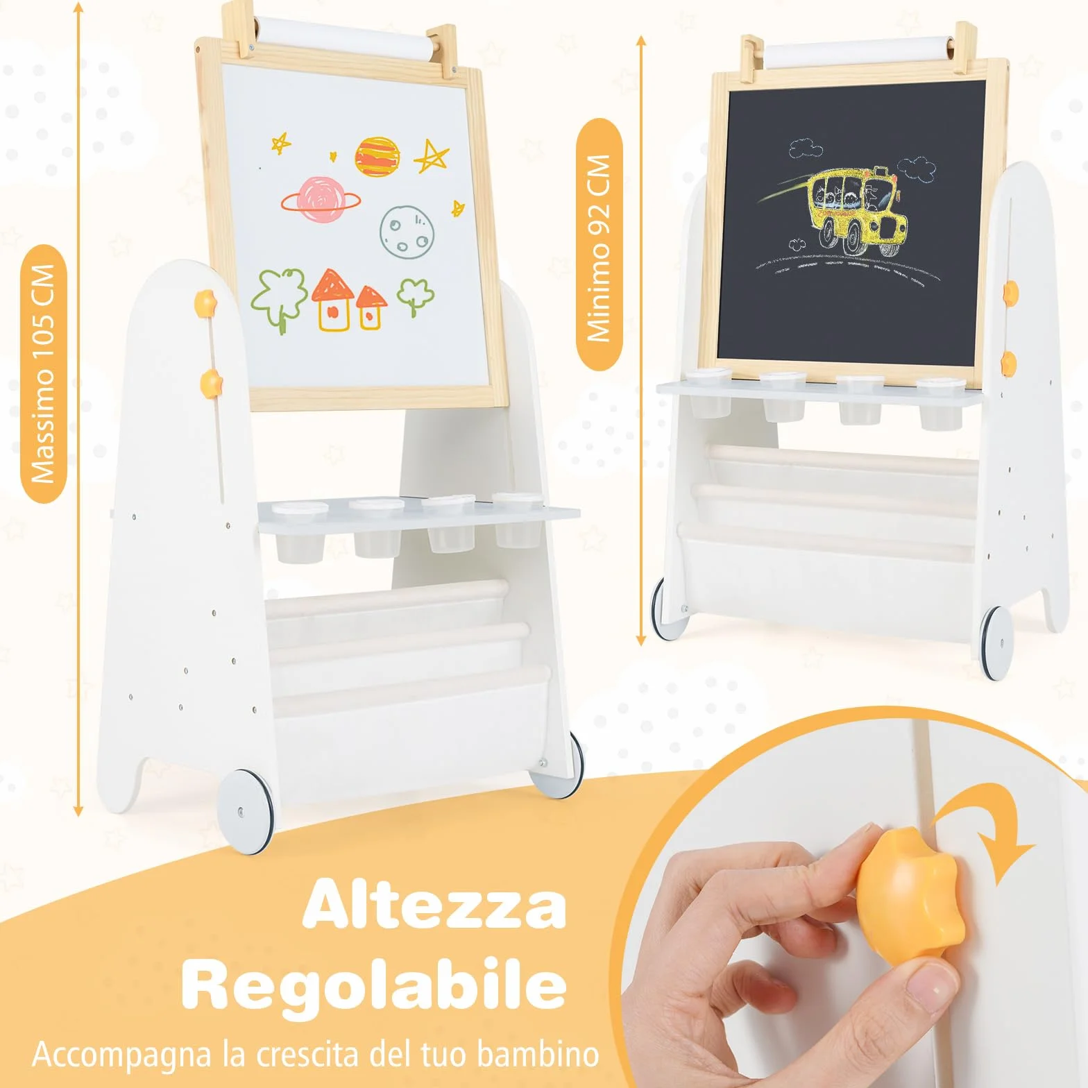 RELAX4LIFE Lavagna 4-in-1 con Sgabello, Lavagna Altezza Regolabile con Ruote, a Gesso, Bianca Magnetico, Ampia Piani di Lavoro & Rotolo di Carta, Regalo per Bambini da 3 Anni in Su