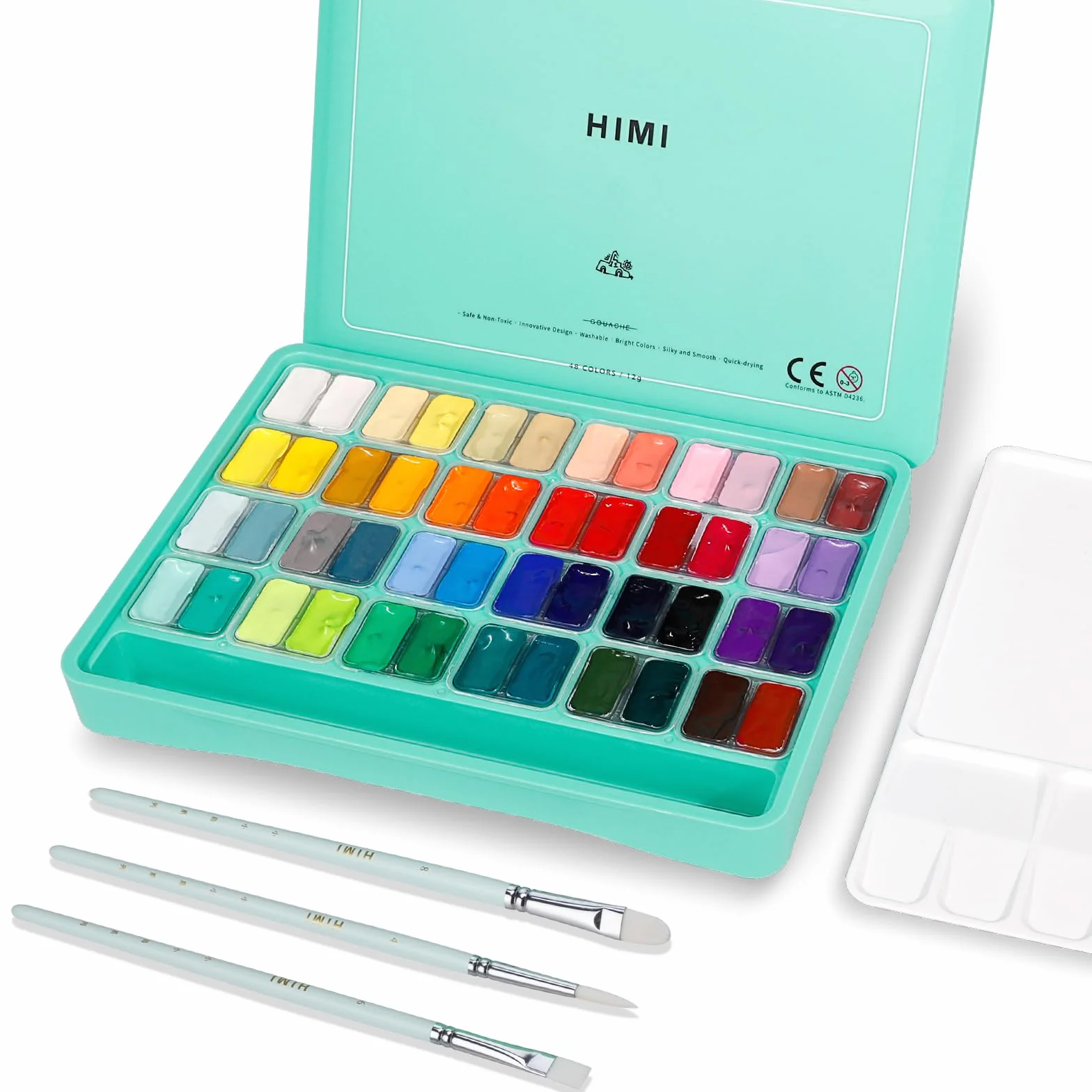ABEIER HIMI Set di Pittura a Guazzo, 48 colori x 12 ml/1 oz con 3 pennelli e una tavolozza, design unico della tazza di gelatina, non tossico, gouache - perfetto per principianti e studenti