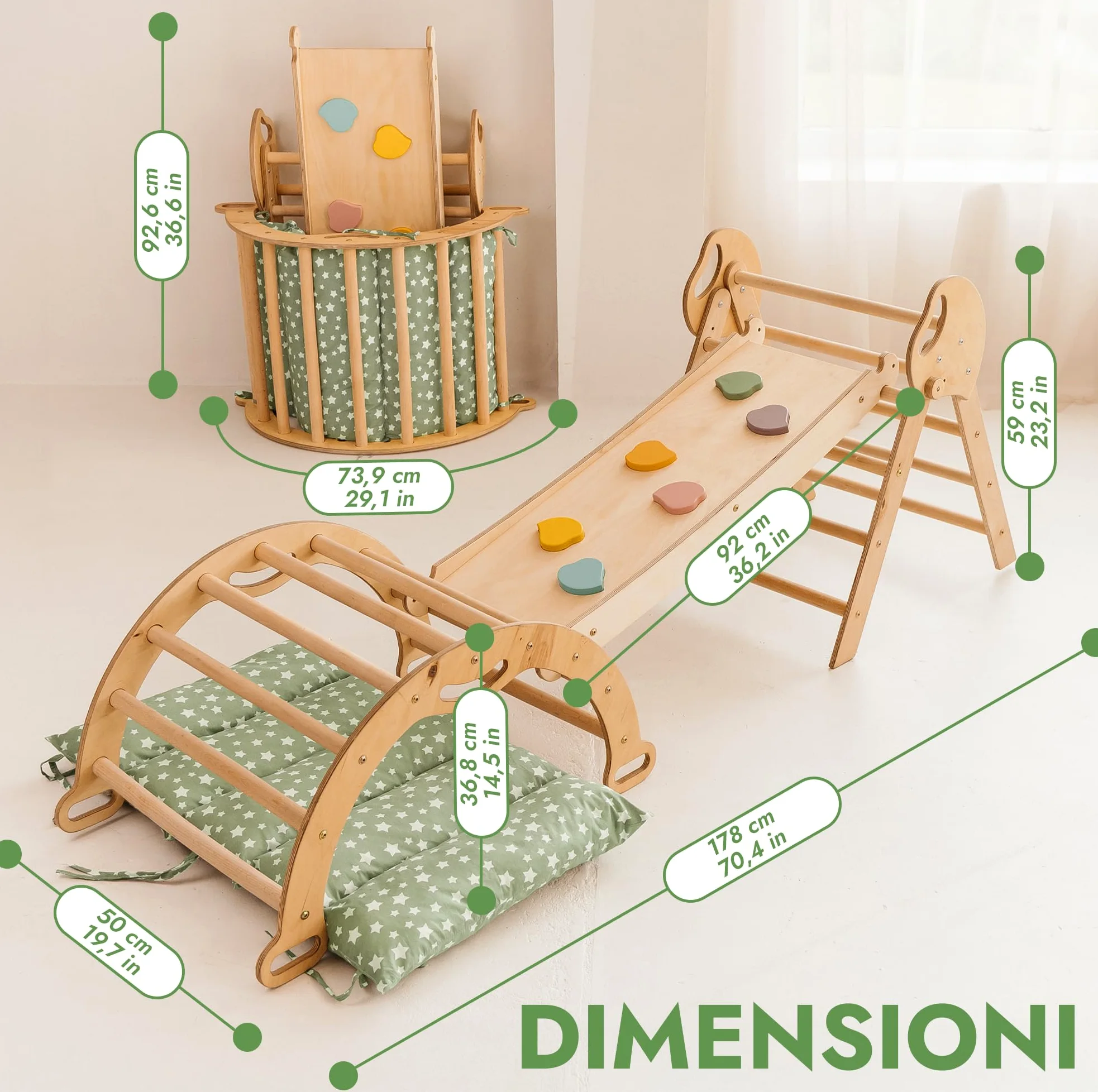 Goodevas Montessori 5 in 1 - Set da Arrampicata in Legno per Interni, con Cuscino Verde e Scivolo per Bambini, Parco Giochi da 1 a 3 Anni, Beige