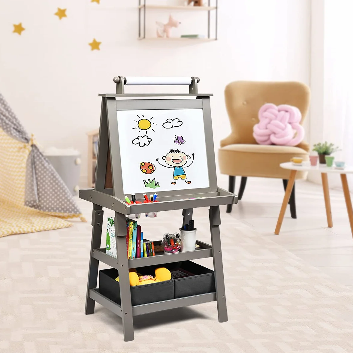 LIFEZEAL 3 in 1 - Lavagna per bambini, doppio lato, bianco e nero, cavalletto per bambini 3+ anni, con 2 scatole di immagazzinaggio, 2 ripiani, giocattolo educativo (grigio)