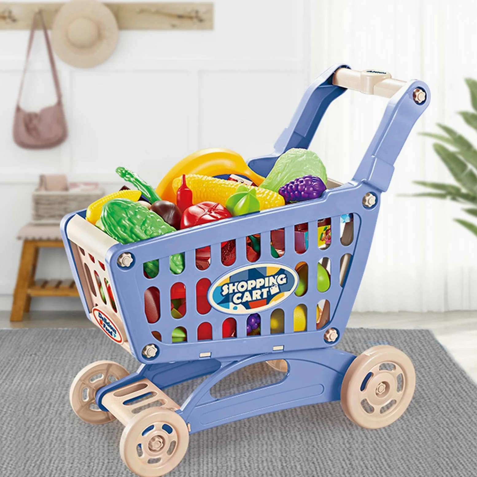 Set di Gioco con Carrello, Carrello della Spesa Giocattolo, Grande capacità con Accessori Alimentari, Mano da Supermercato Giocattolo per a, Blu